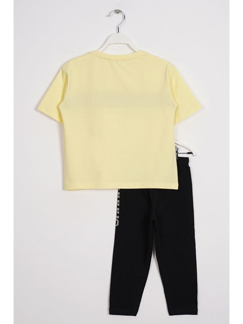 Bisiklet Yaka Kısa Kol Yazı Baskılı Sarı Renk Kız Çocuk Taytlı Takım-1