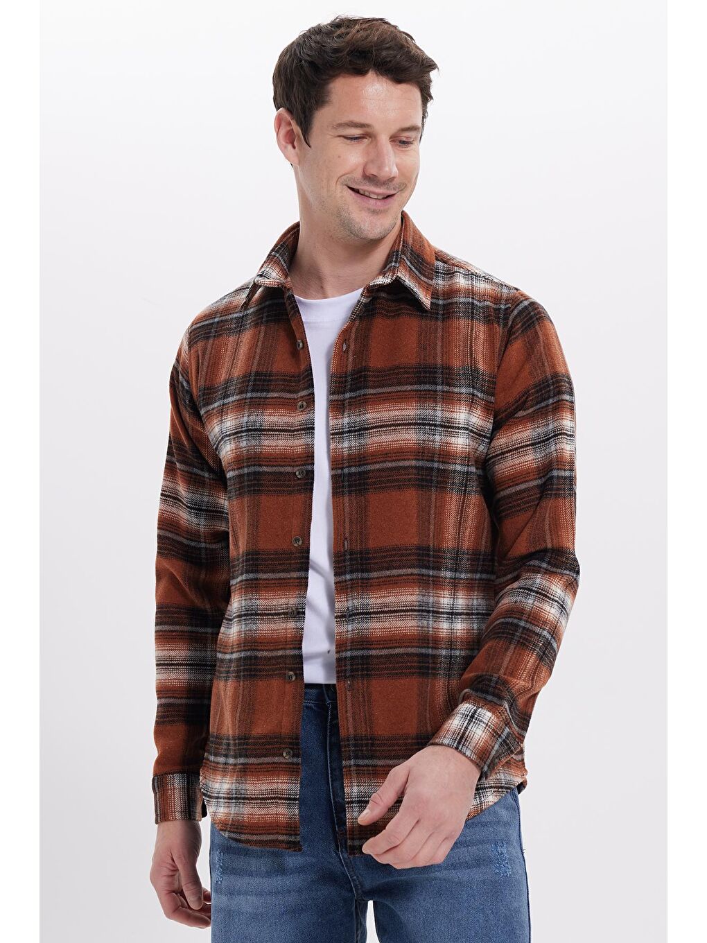 Kahverengi Erkek Slim Fit Dar Kesim Kareli Kışlık Oduncu Gömlek
