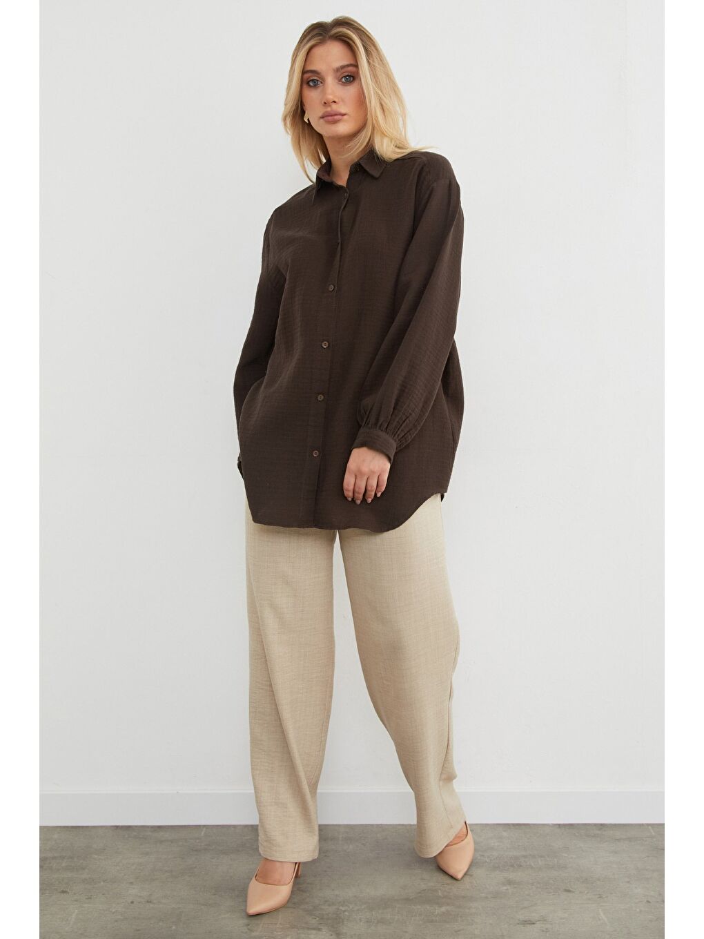 Kahverengi Basic Oversize Gömlek-1