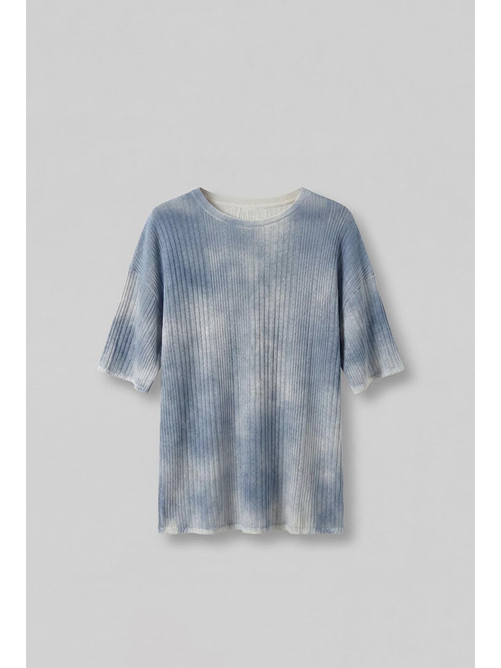 Erkek Super Oversize Desenli Triko T-Shirt Mavi