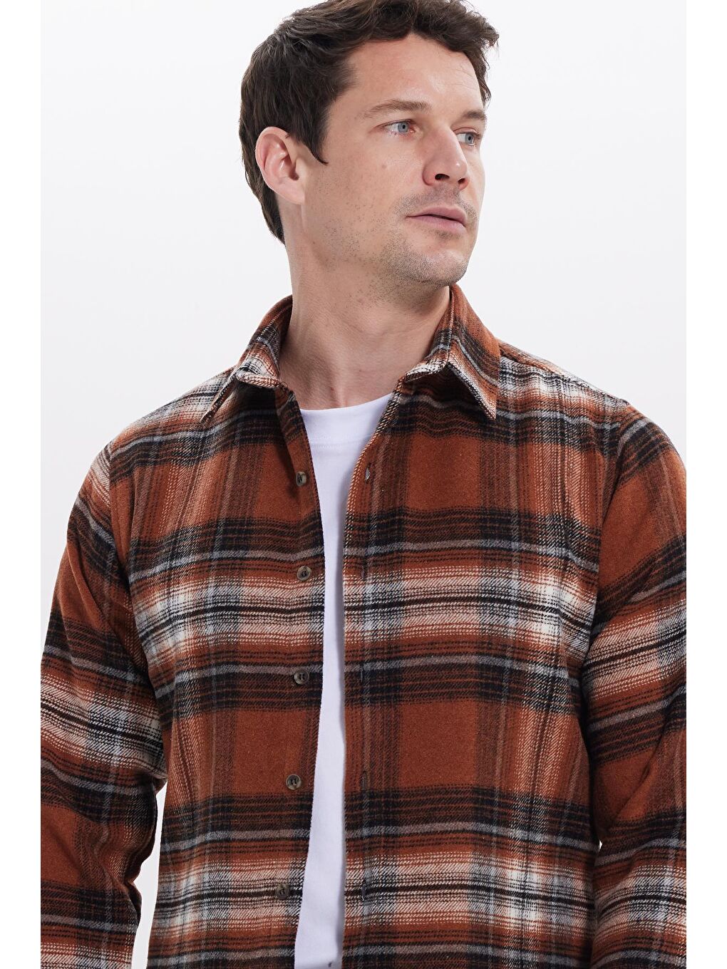 Kahverengi Erkek Slim Fit Dar Kesim Kareli Kışlık Oduncu Gömlek-1