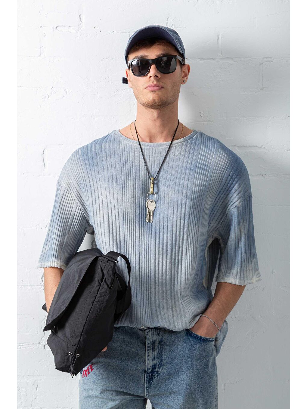 Erkek Super Oversize Desenli Triko T-Shirt Mavi-2