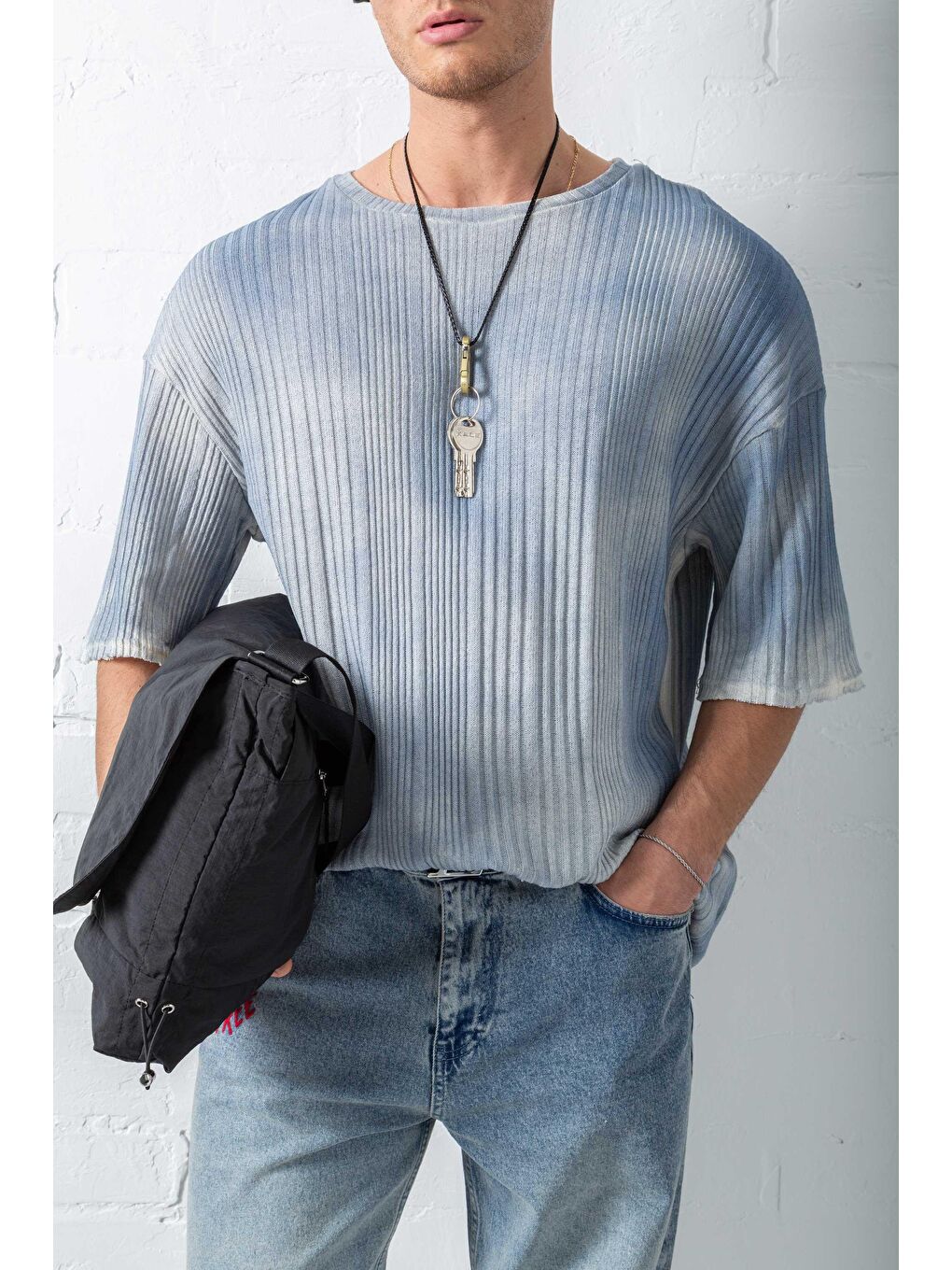 Erkek Super Oversize Desenli Triko T-Shirt Mavi-3