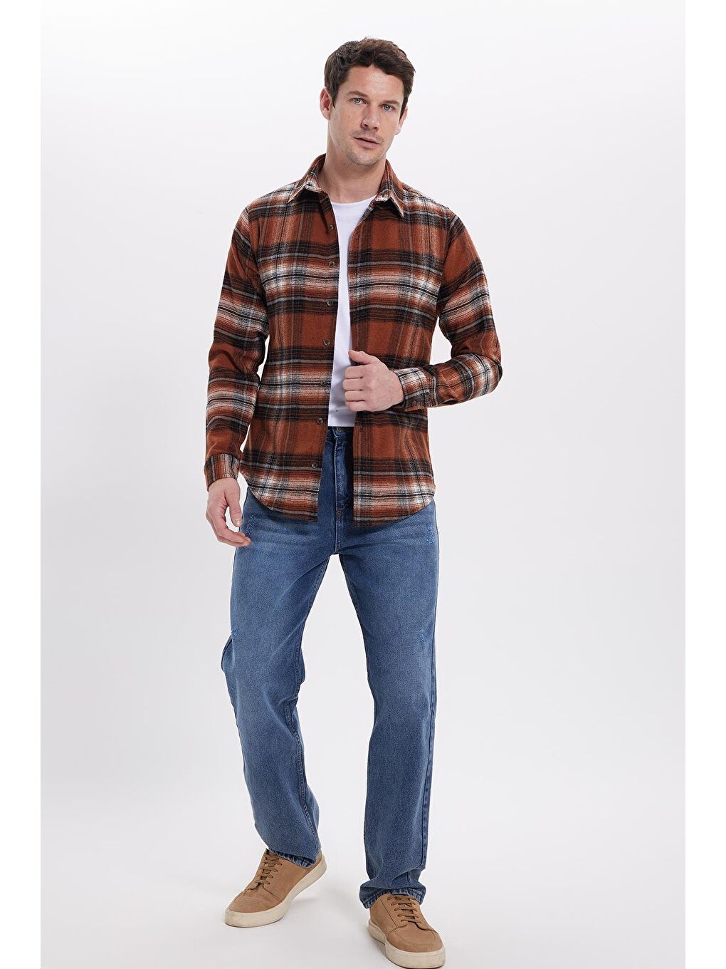 Kahverengi Erkek Slim Fit Dar Kesim Kareli Kışlık Oduncu Gömlek-2