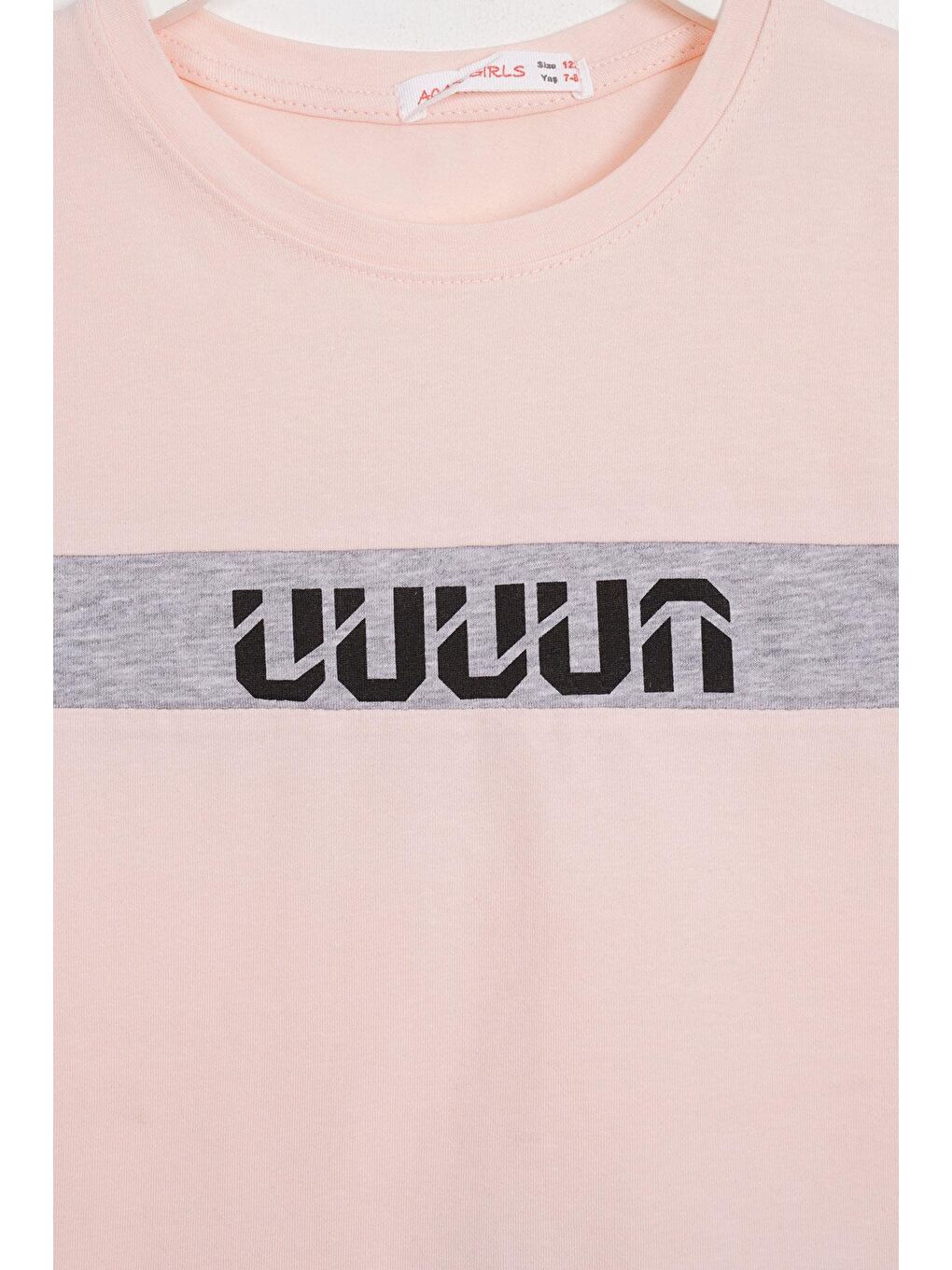 Pembe Bisiklet Yaka Kısa Kol Yazı Baskılı Pudra Renk Kız Çocuk Taytlı Takım-1