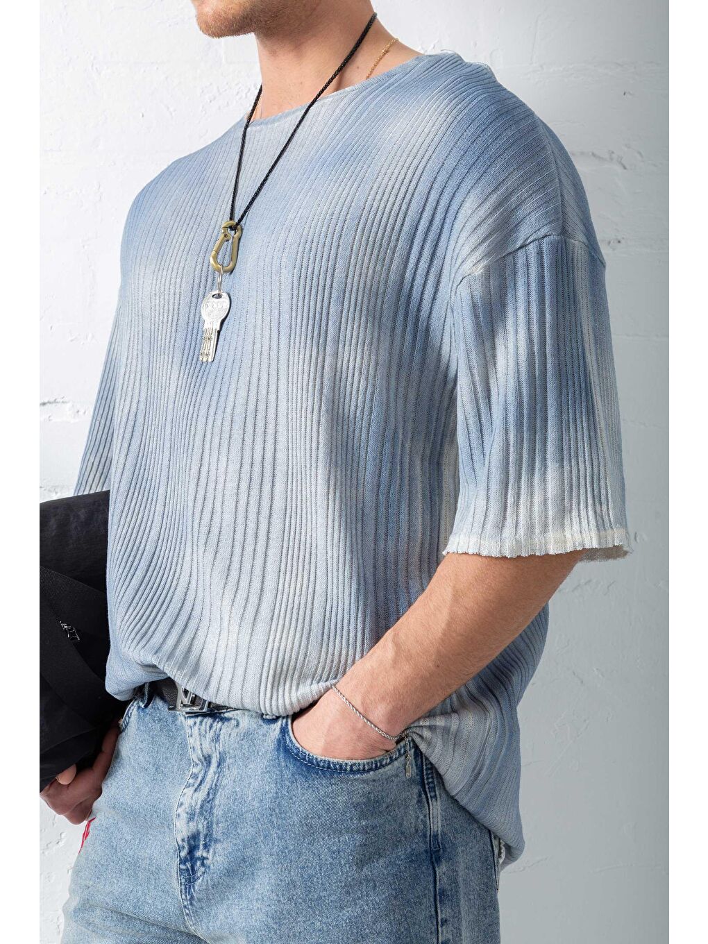 Erkek Super Oversize Desenli Triko T-Shirt Mavi-4