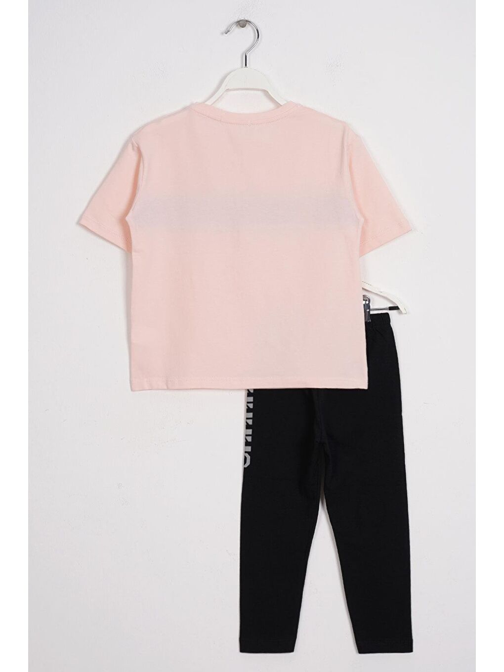 Pembe Bisiklet Yaka Kısa Kol Yazı Baskılı Pudra Renk Kız Çocuk Taytlı Takım-2