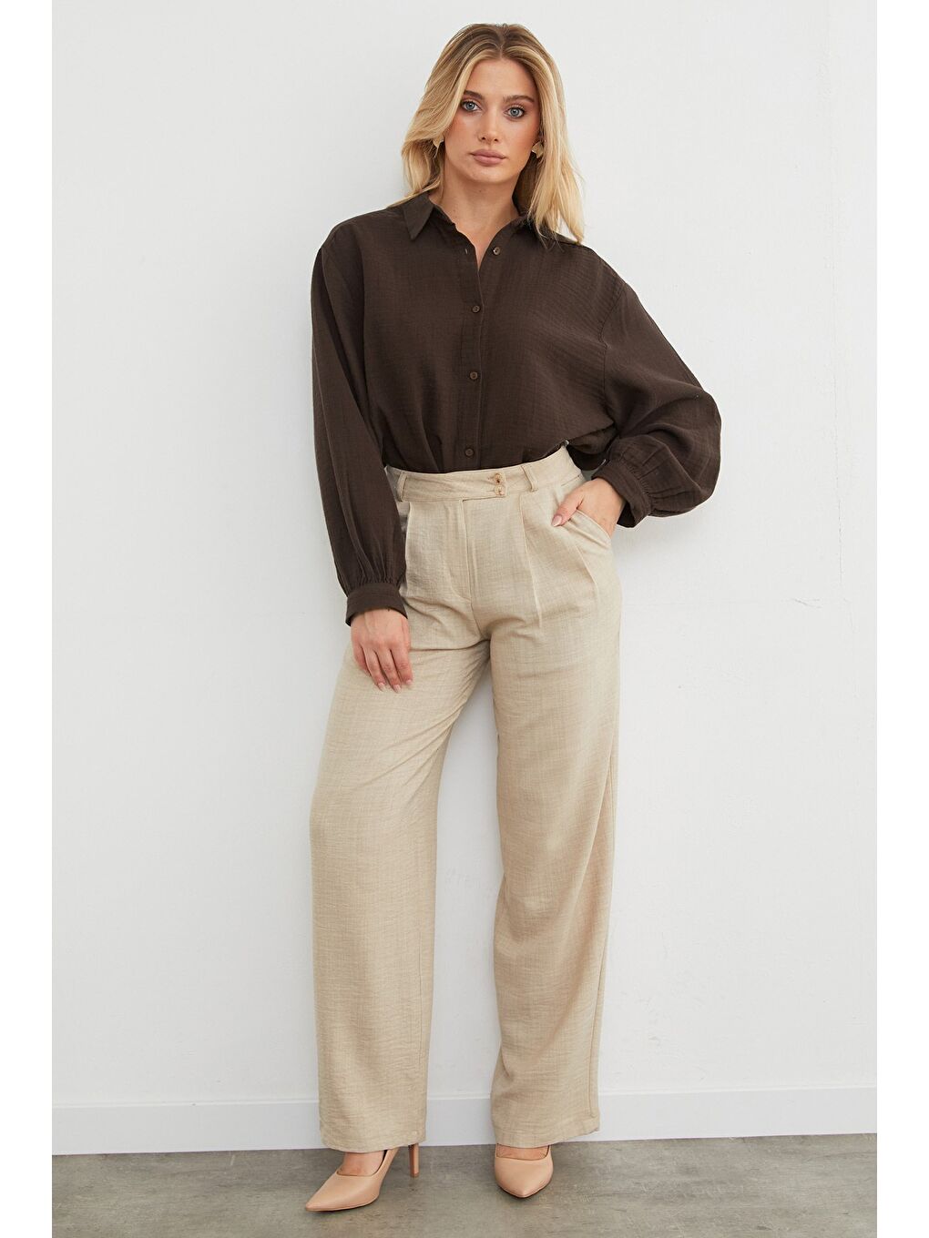 Kahverengi Basic Oversize Gömlek-3