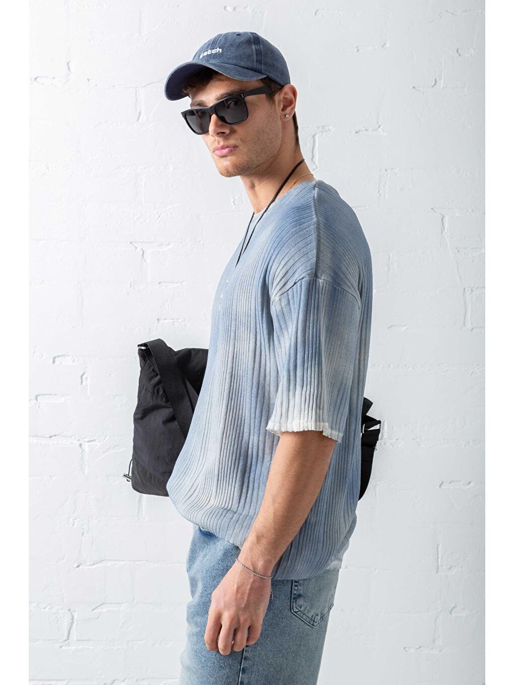 Erkek Super Oversize Desenli Triko T-Shirt Mavi-5