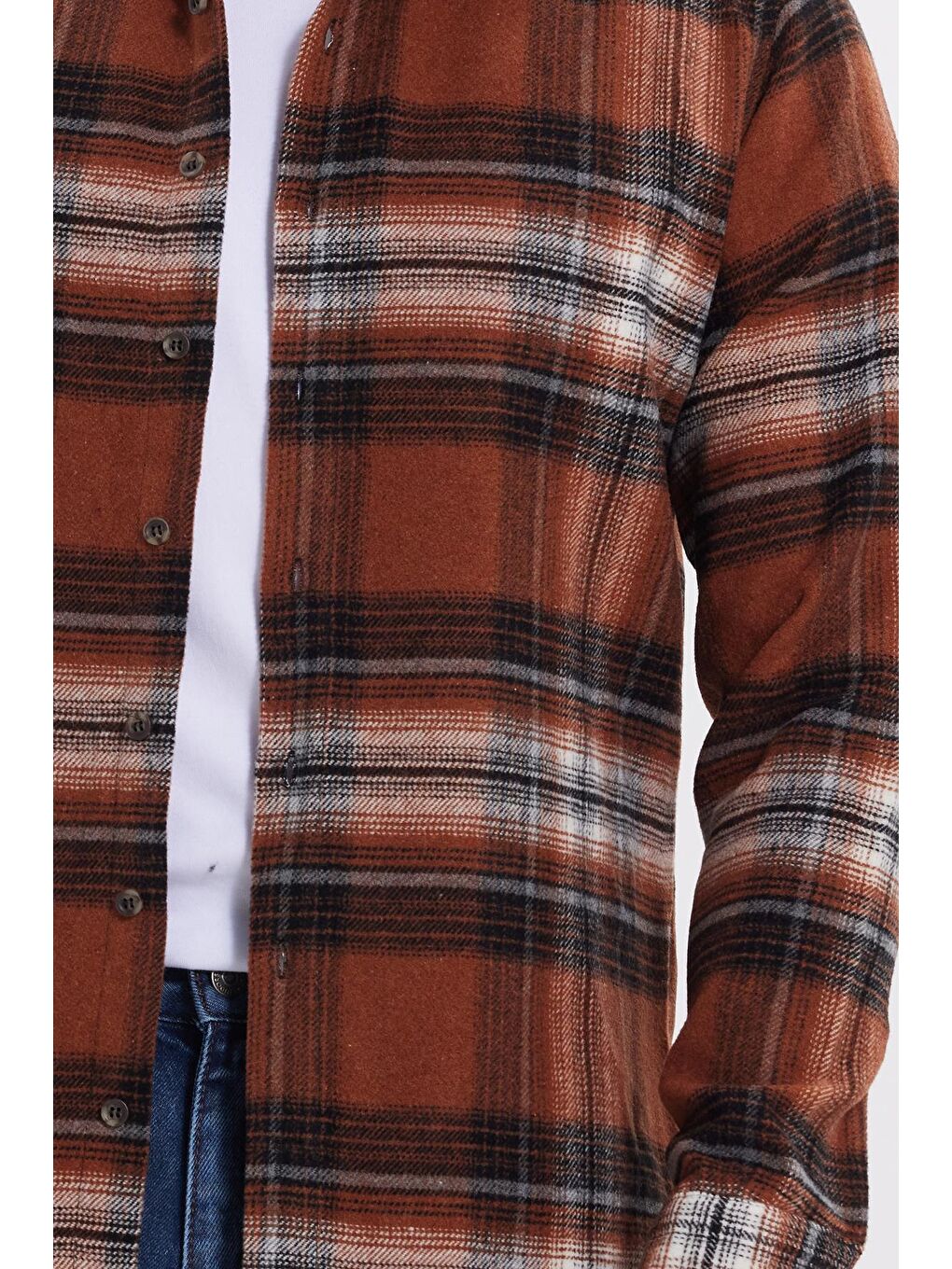 Kahverengi Erkek Slim Fit Dar Kesim Kareli Kışlık Oduncu Gömlek-3
