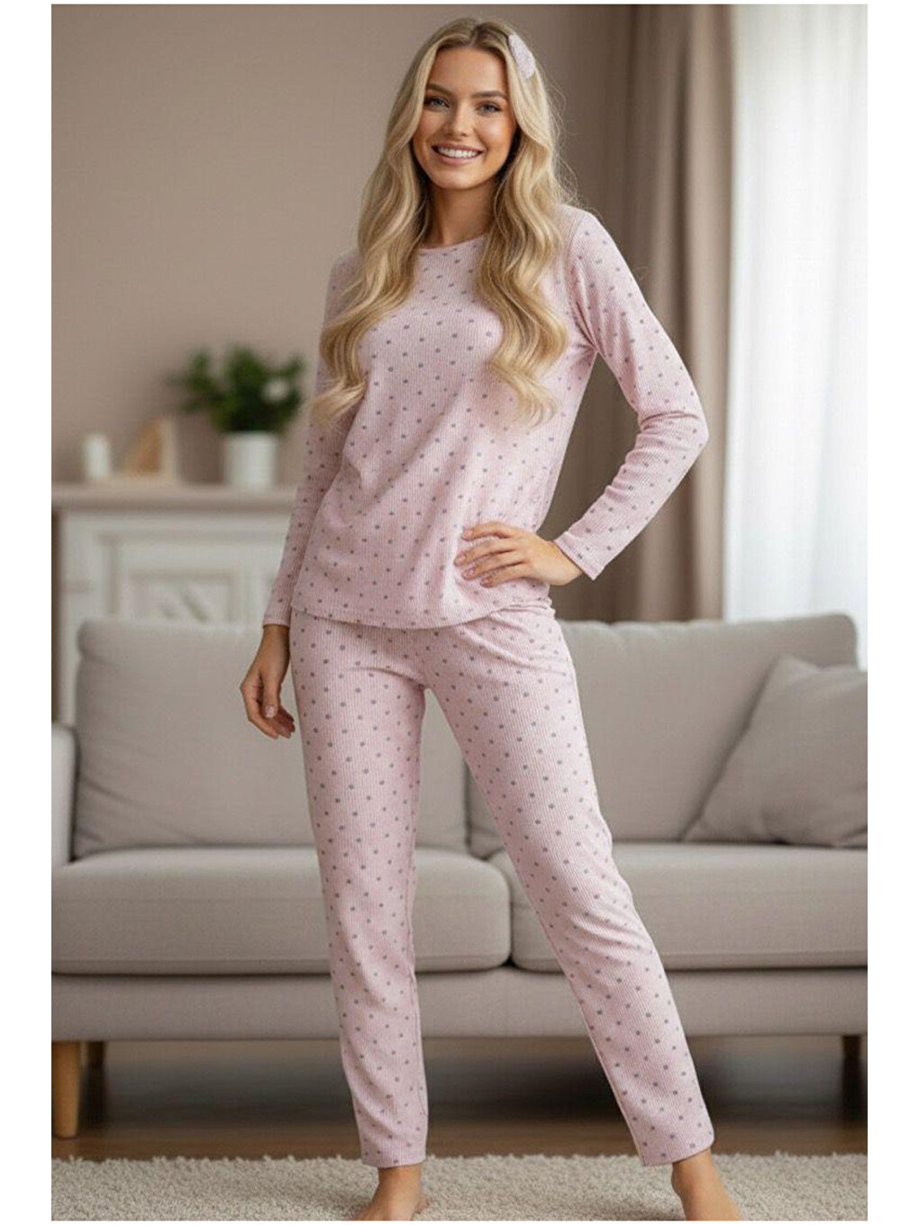 Pembe Gri Çizigili Desenli Mevsimlik İnce Bisiklet Yaka Örme Pijama Takım 7979-1