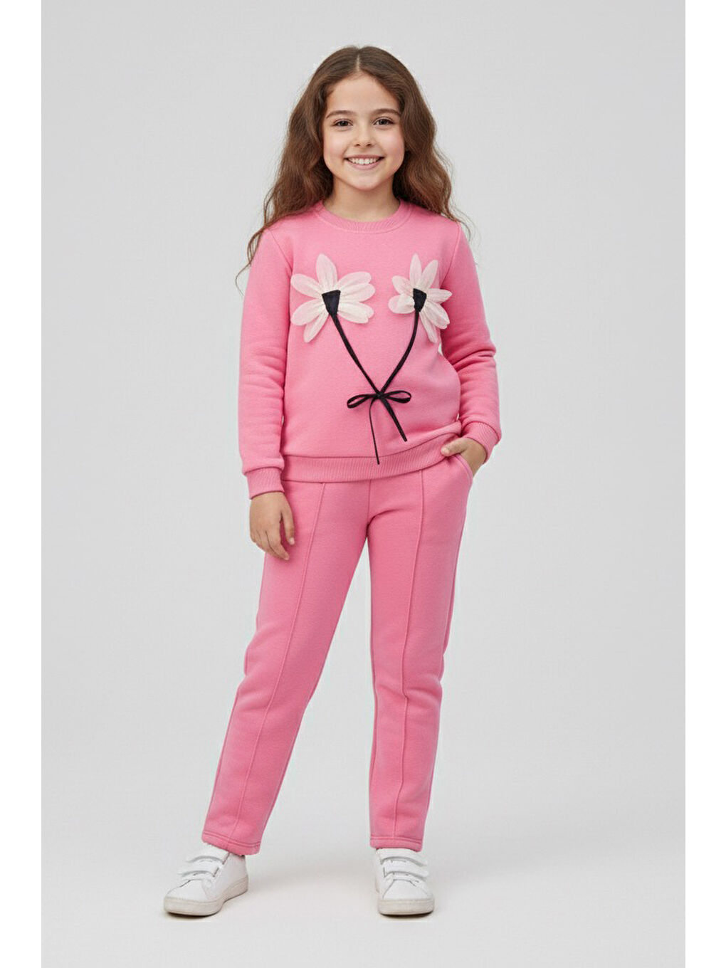 Kız Çocuk Pembe Çiçek Detaylı Üç İplik Takım - 27958-PEMBE