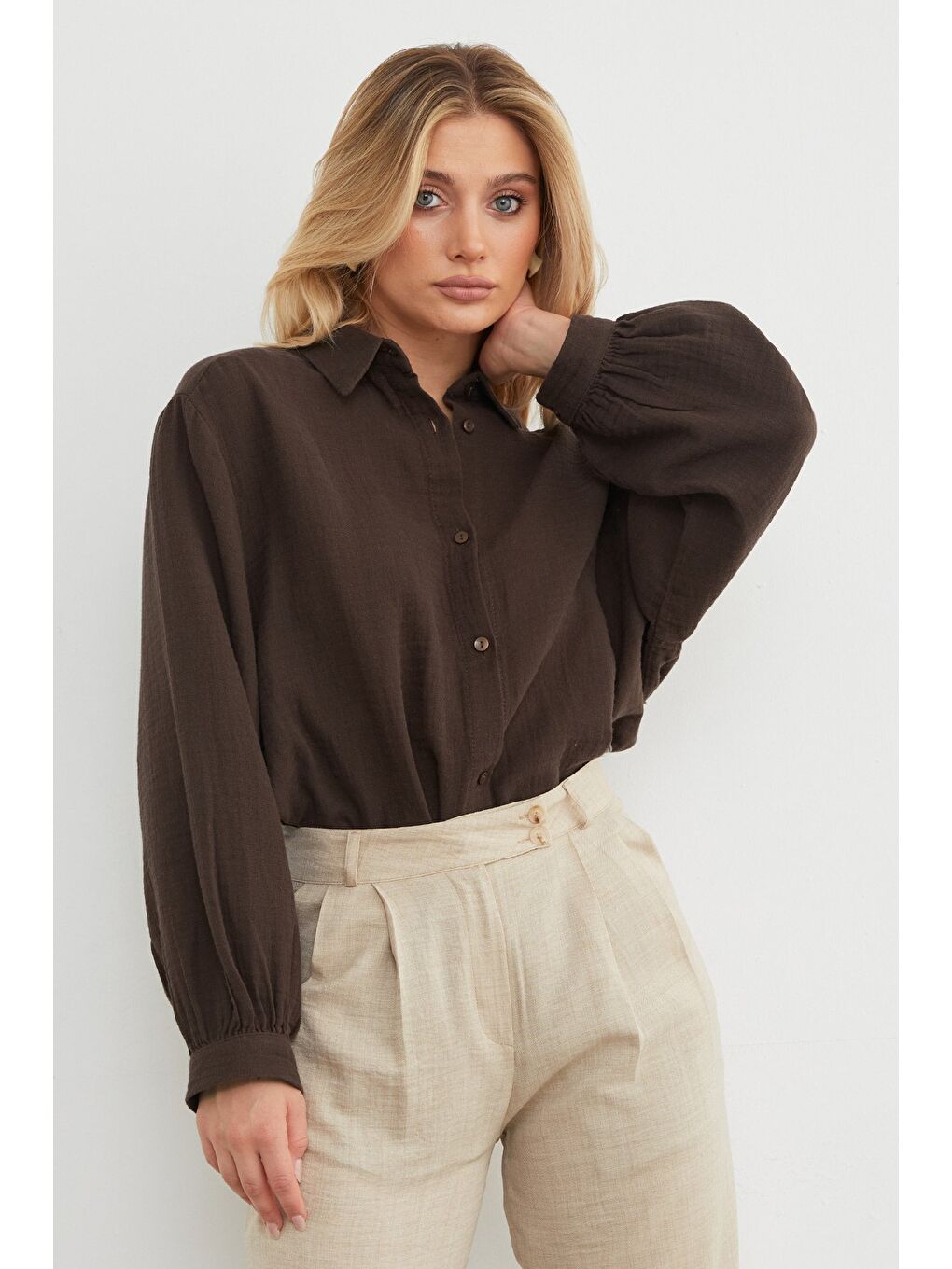 Kahverengi Basic Oversize Gömlek-4