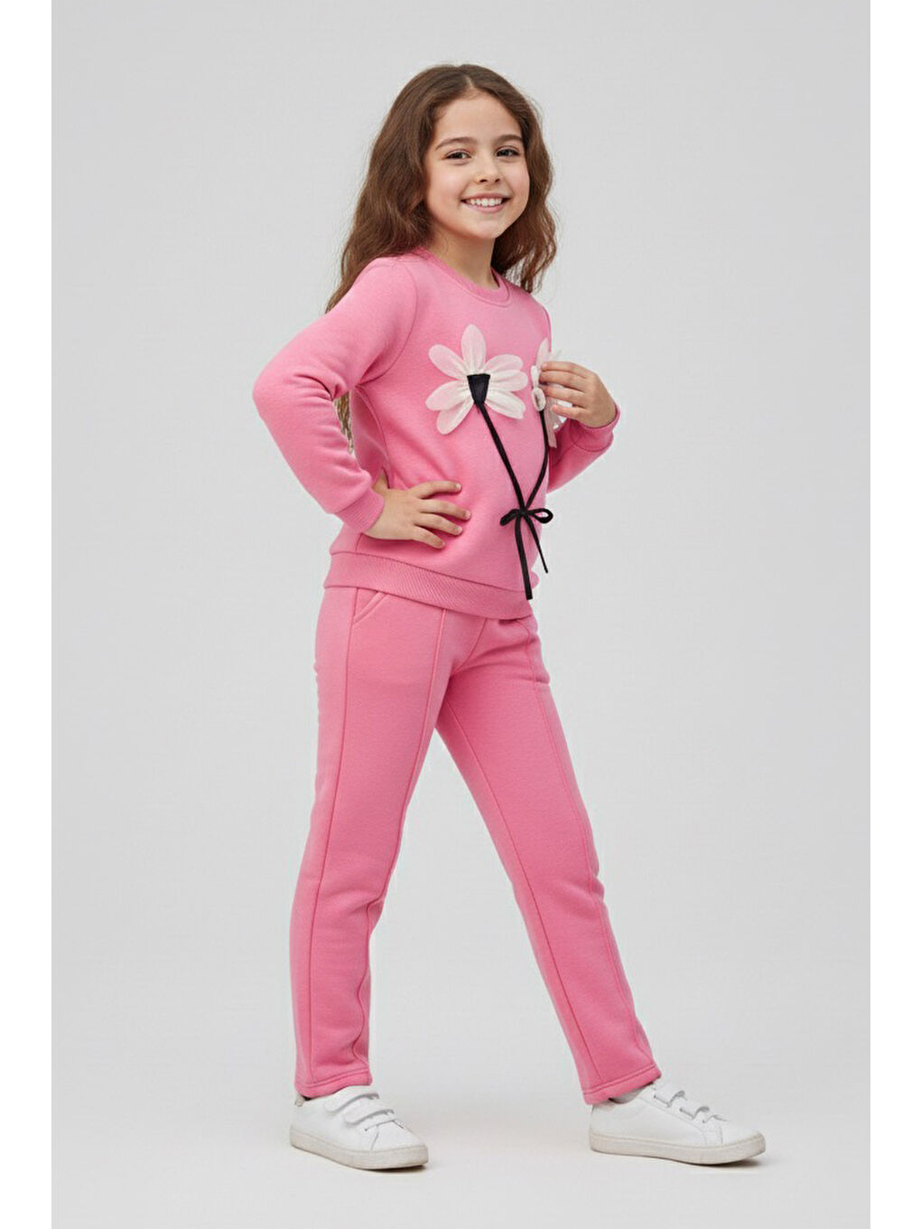 Kız Çocuk Pembe Çiçek Detaylı Üç İplik Takım - 27958-PEMBE-1