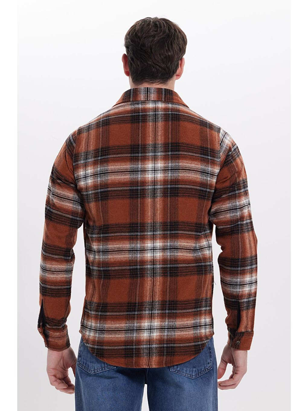 Kahverengi Erkek Slim Fit Dar Kesim Kareli Kışlık Oduncu Gömlek-5