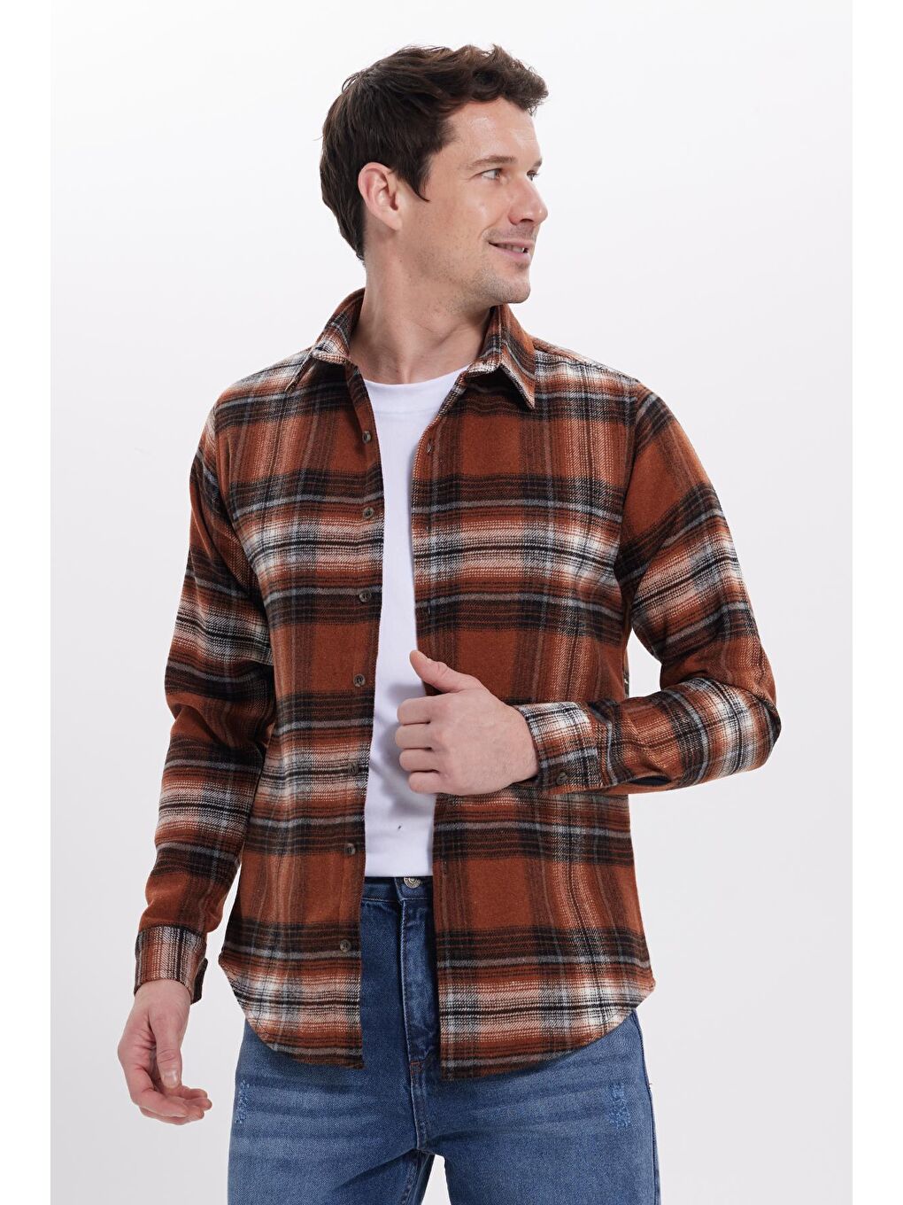 Kahverengi Erkek Slim Fit Dar Kesim Kareli Kışlık Oduncu Gömlek-6
