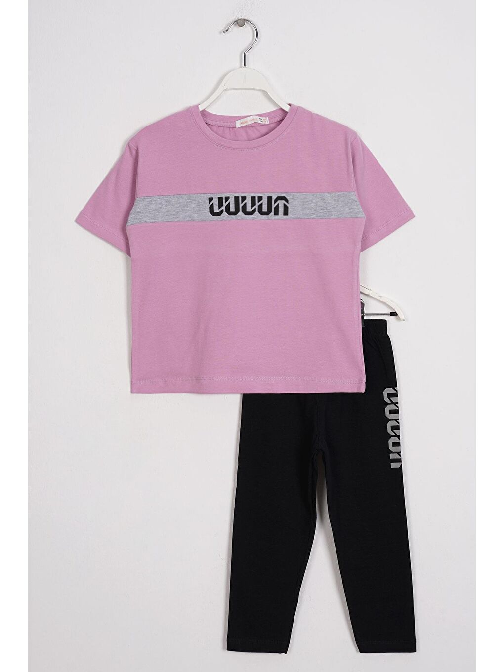 Bisiklet Yaka Kısa Kol Yazı Baskılı Lila Renk Kız Çocuk Taytlı Takım