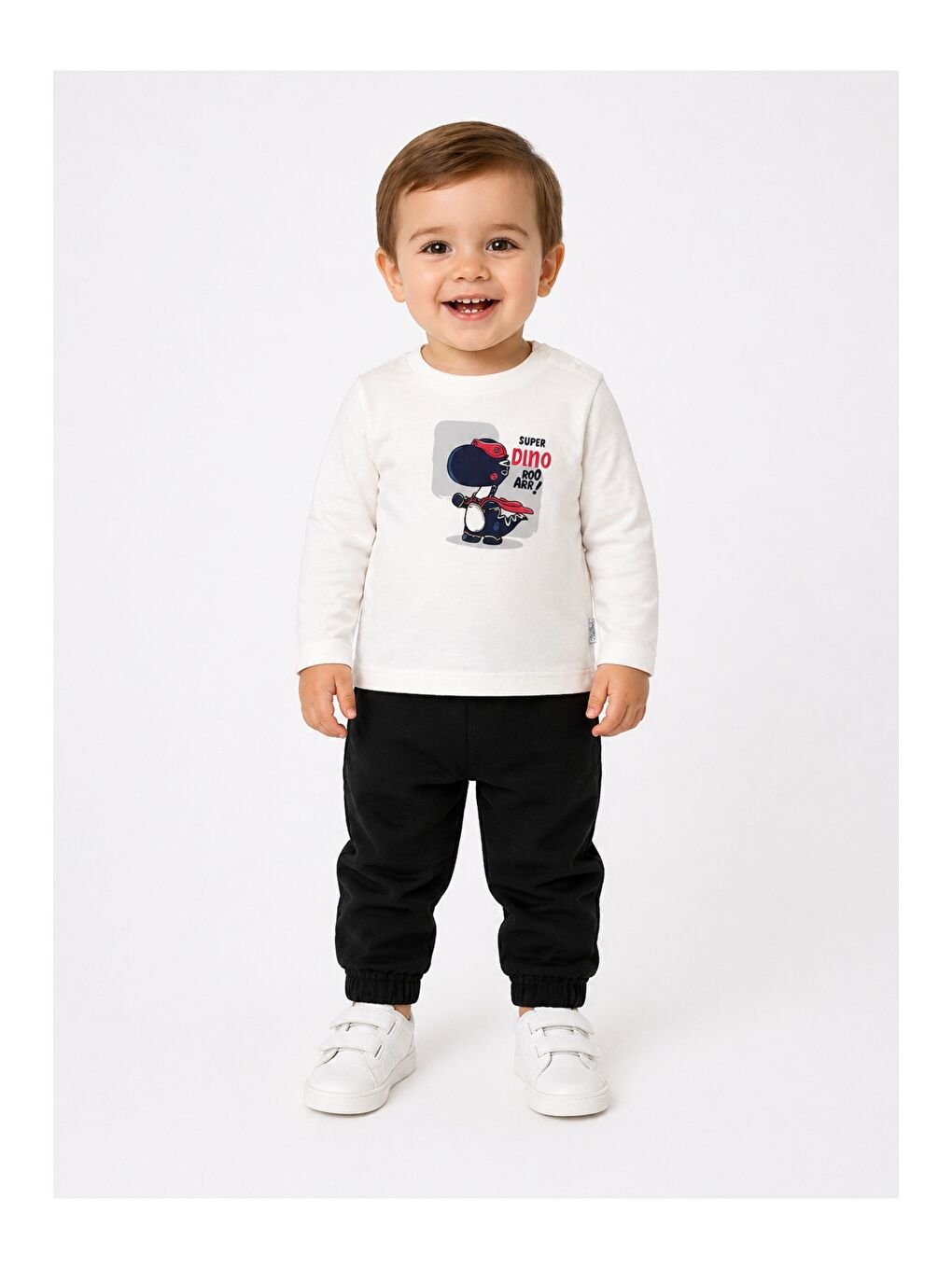 Haki Erkek Bebek Dino Baskılı Kapüşonlu 3lü Takım Fermuarlı Hırka Tişört Pantolon-1