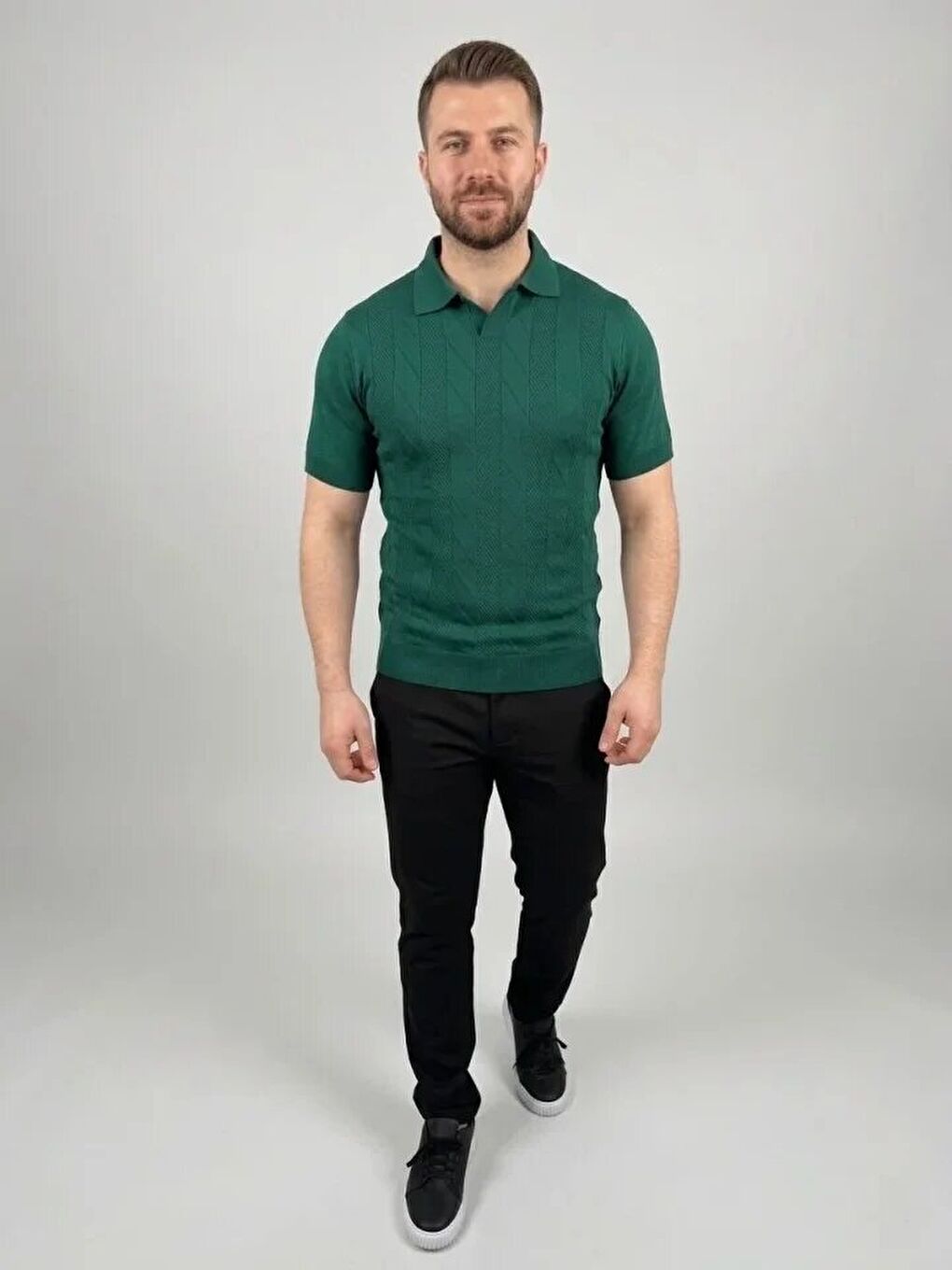 Yeşil Erkek Yazlık Triko Dokuma Tişört-1