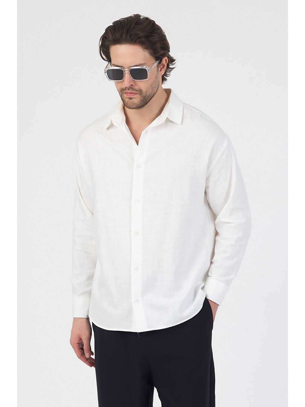 Erkek Pamuklu Keten Görünümlü Gömlek Beyaz-1