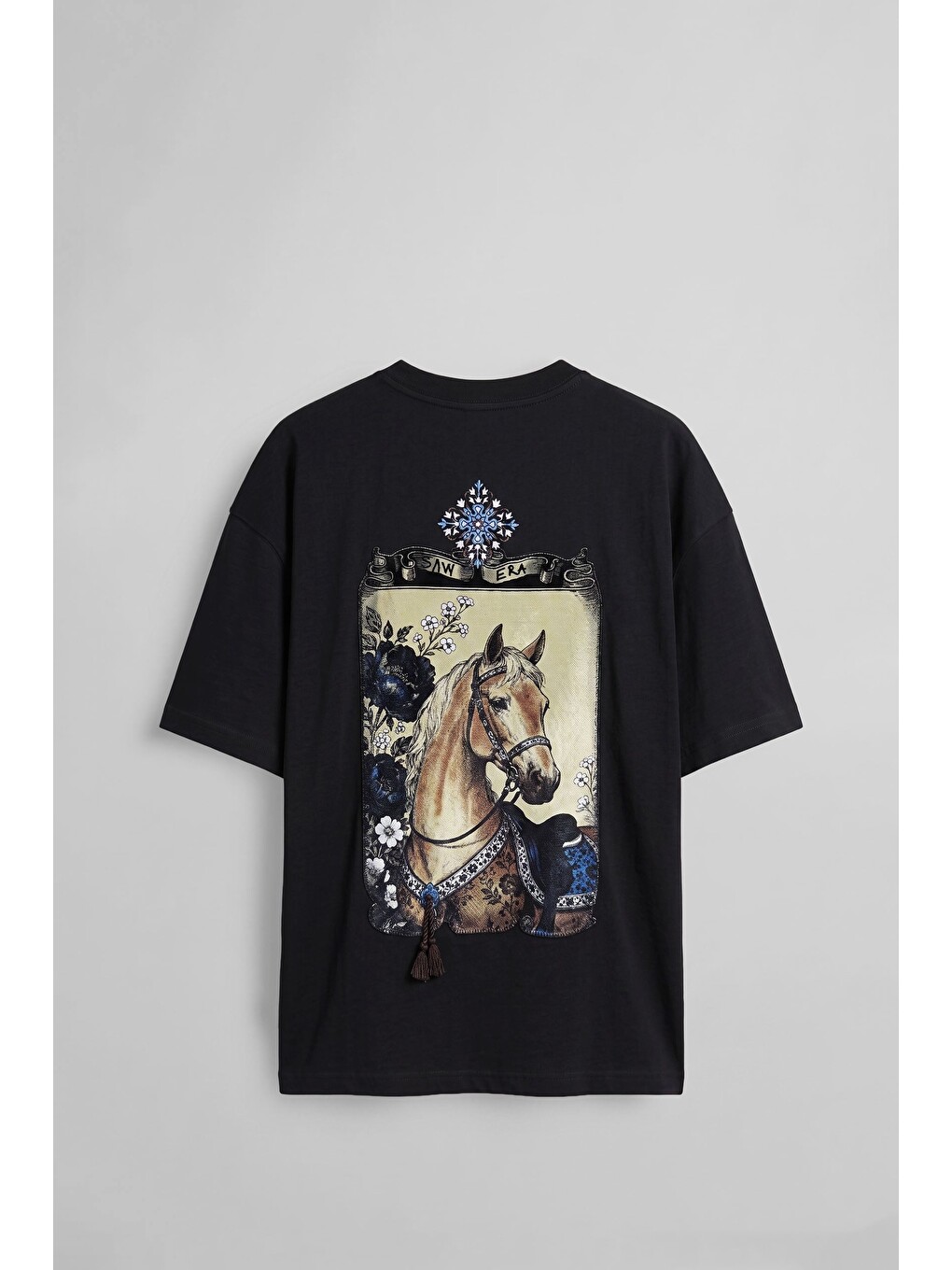 Erkek Oversize Bozkır Atı 3D Sırt Baskılı T-Shirt Siyah-1