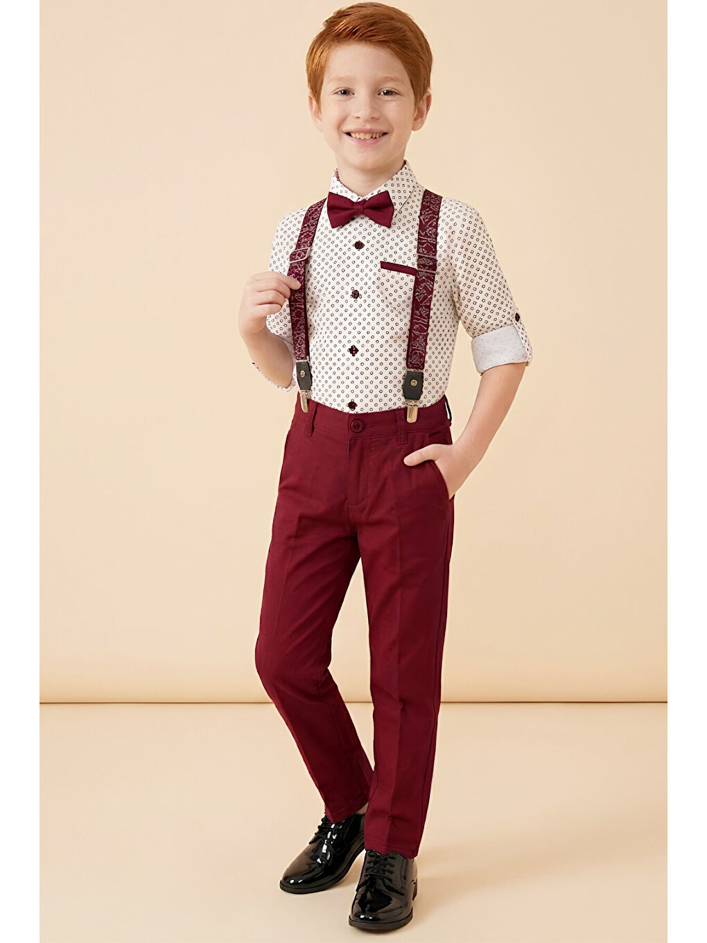 Kırmızı Erkek Çocuk 4'lü Takım Set (Pantolon+Gömlek+Askılı Kemer+Papyon) 12660-1