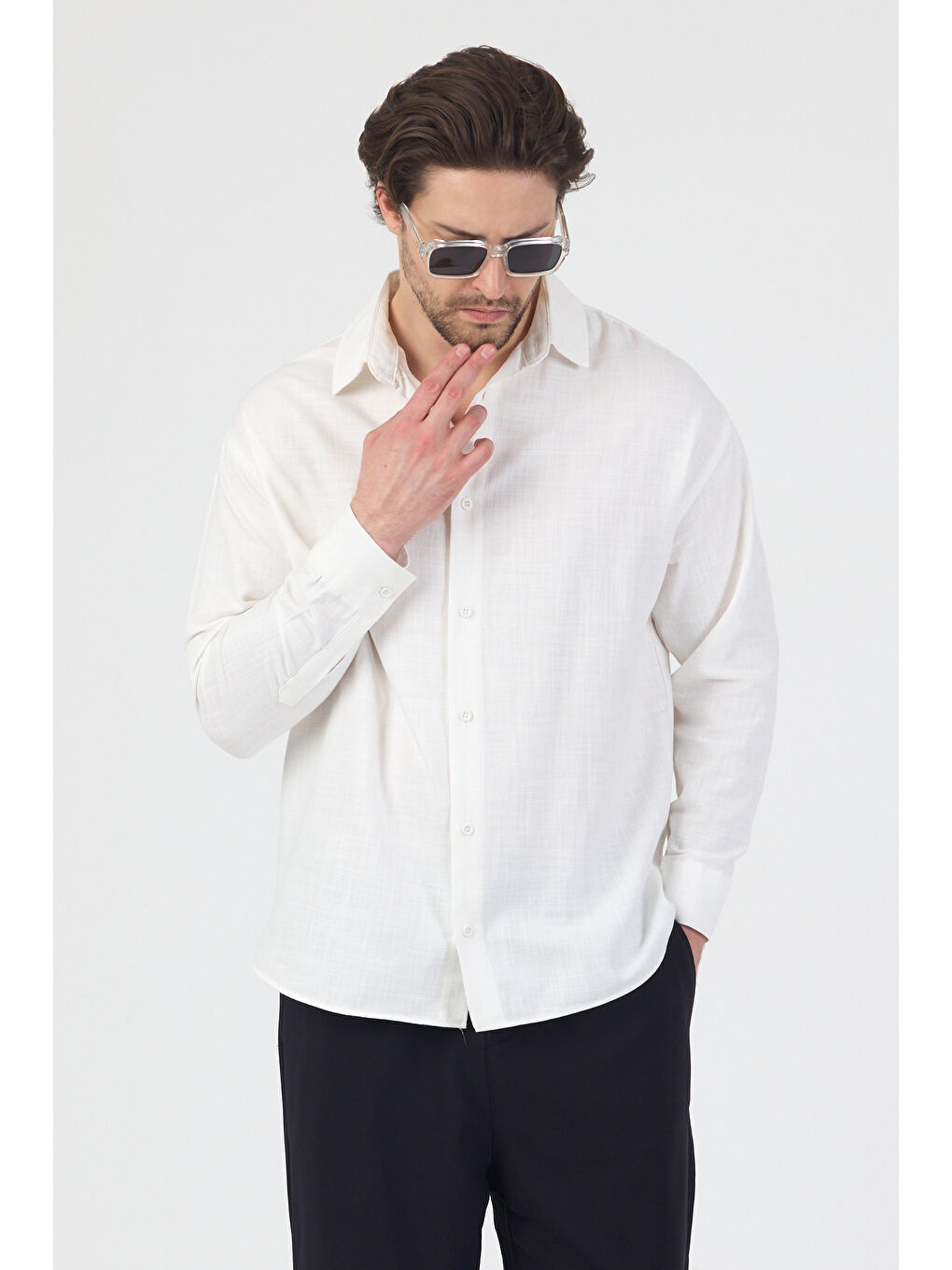Erkek Pamuklu Keten Görünümlü Gömlek Beyaz-2