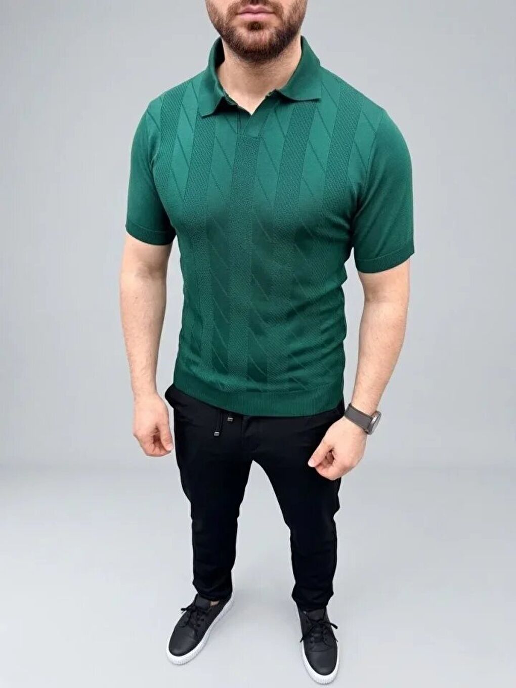 Yeşil Erkek Yazlık Triko Dokuma Tişört-3