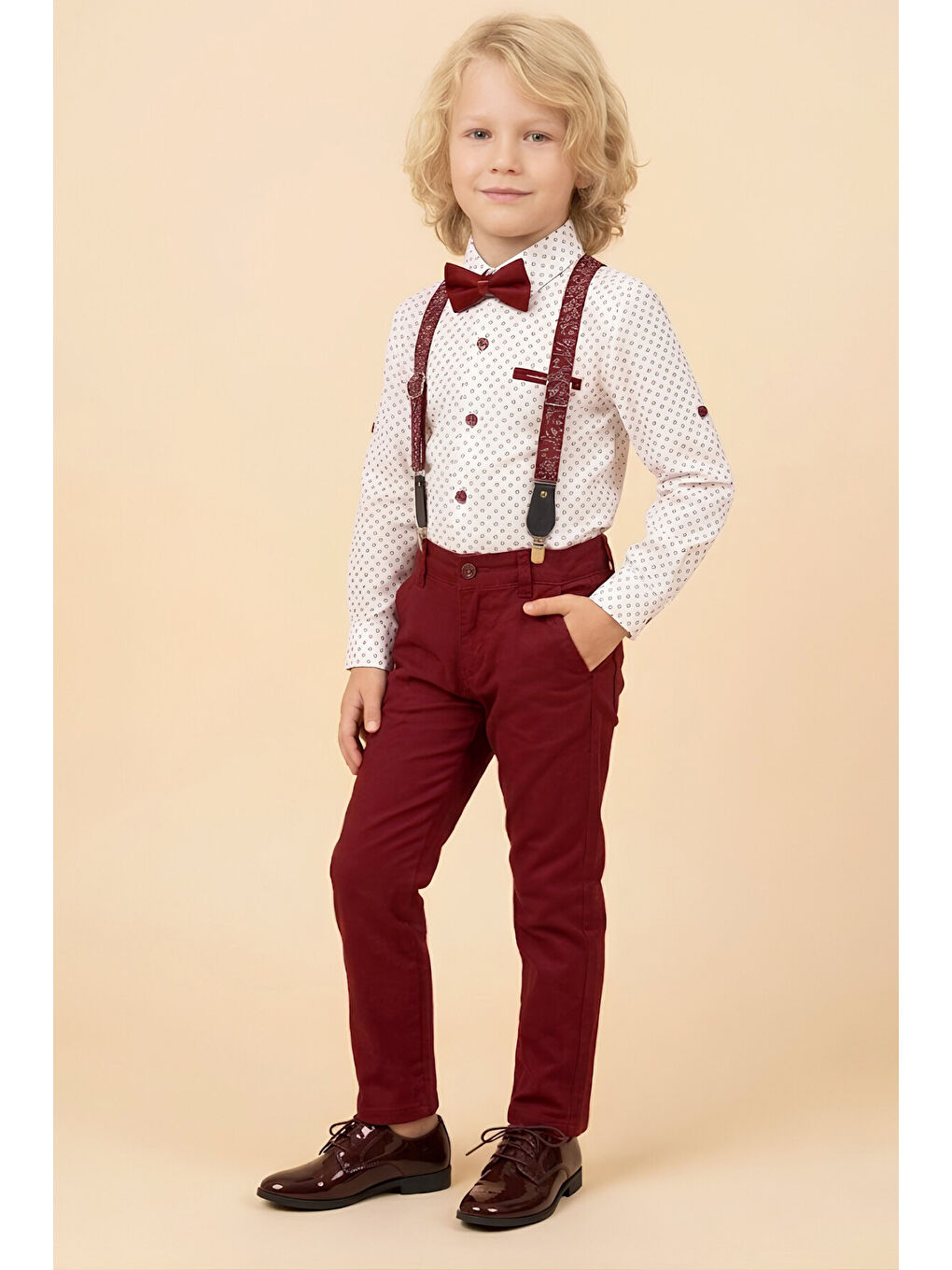 Kırmızı Erkek Çocuk 4'lü Takım Set (Pantolon+Gömlek+Askılı Kemer+Papyon) 12660-2