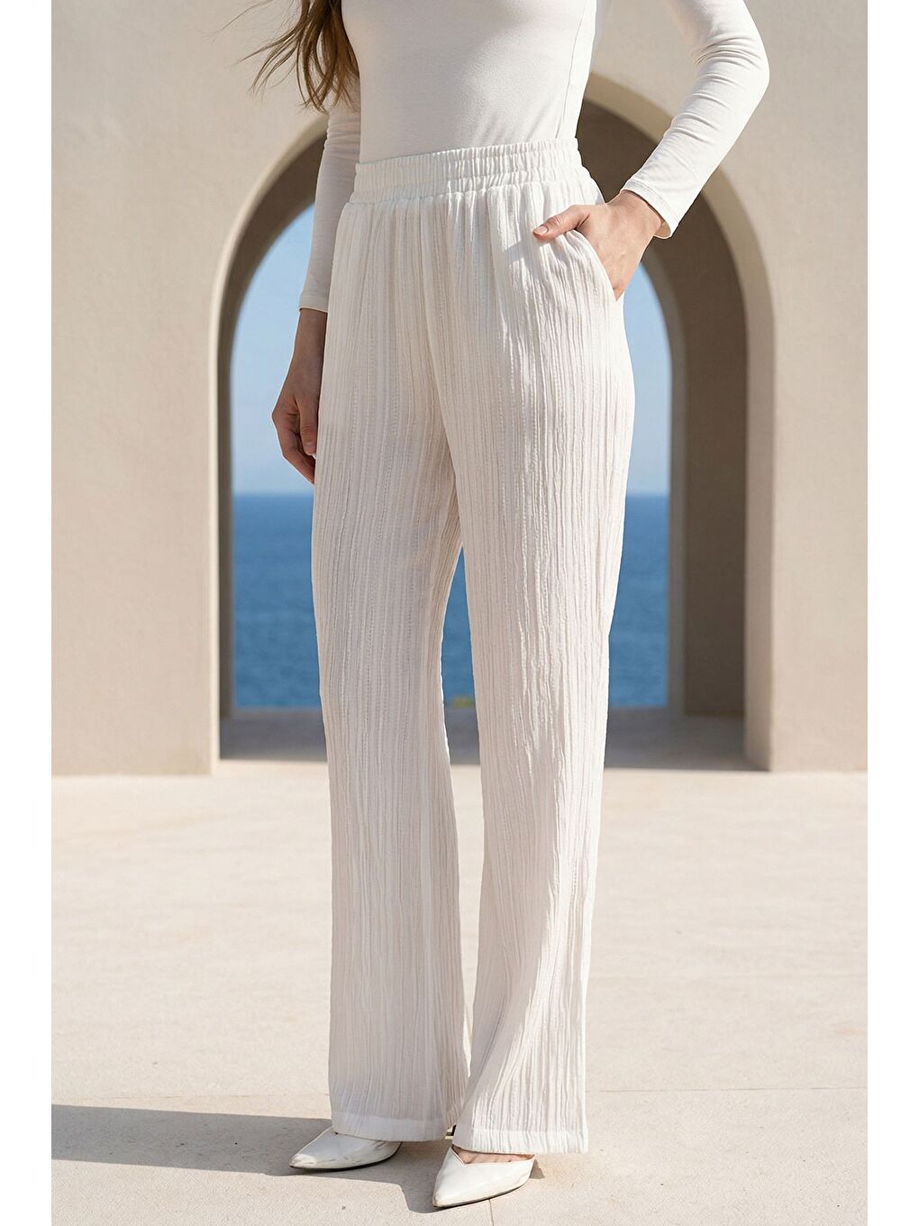 Ekru Kadın Bel Lastikli Pantolon