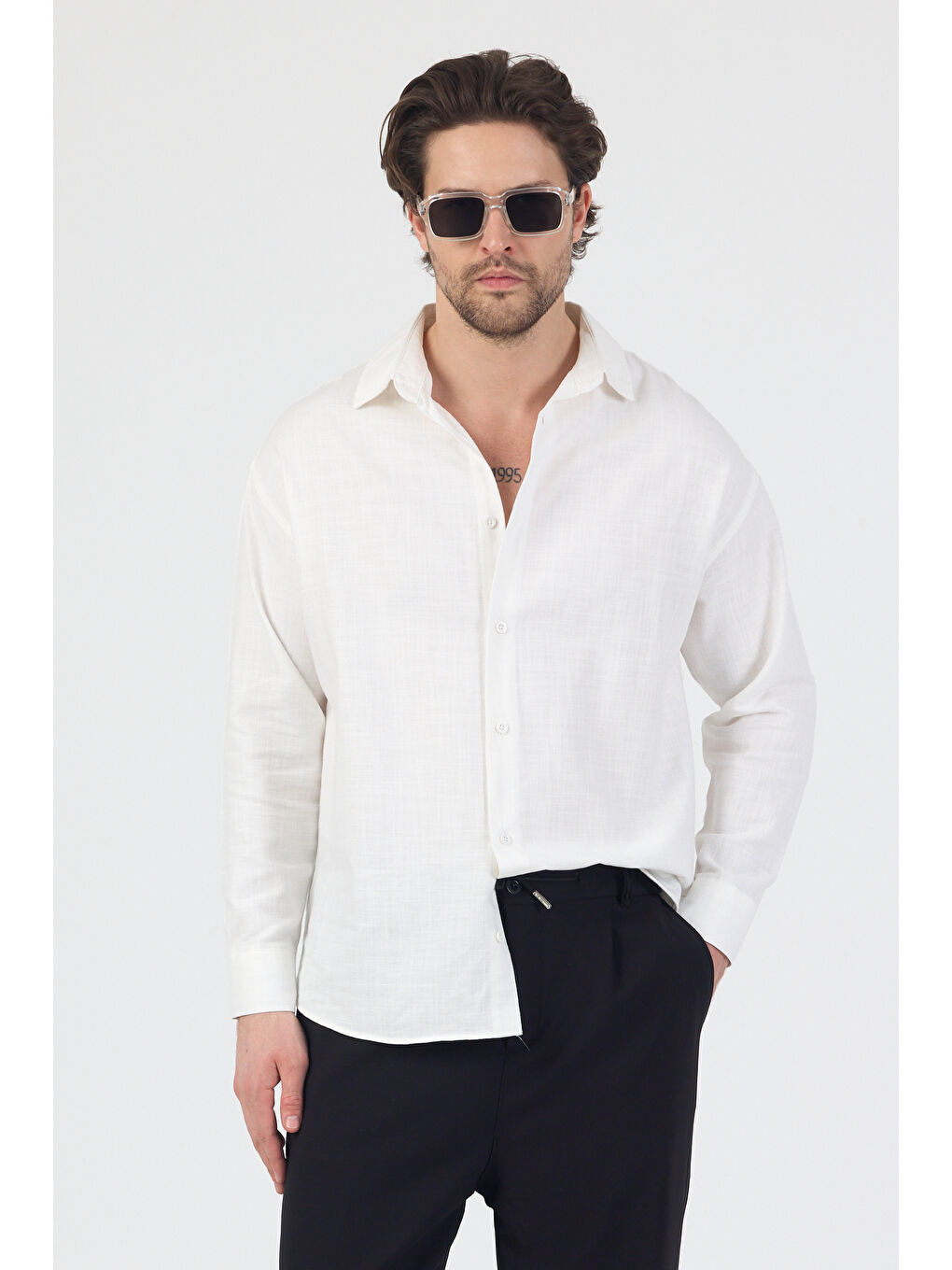 Erkek Pamuklu Keten Görünümlü Gömlek Beyaz-3