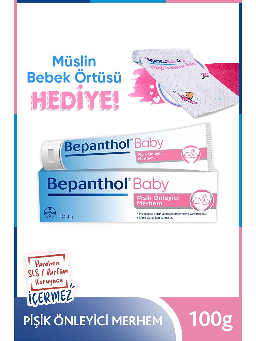 Bepanthol Şeffaf Baby Pişik Önleyici Merhem 100 g + Müslin Bebek Örtüsü