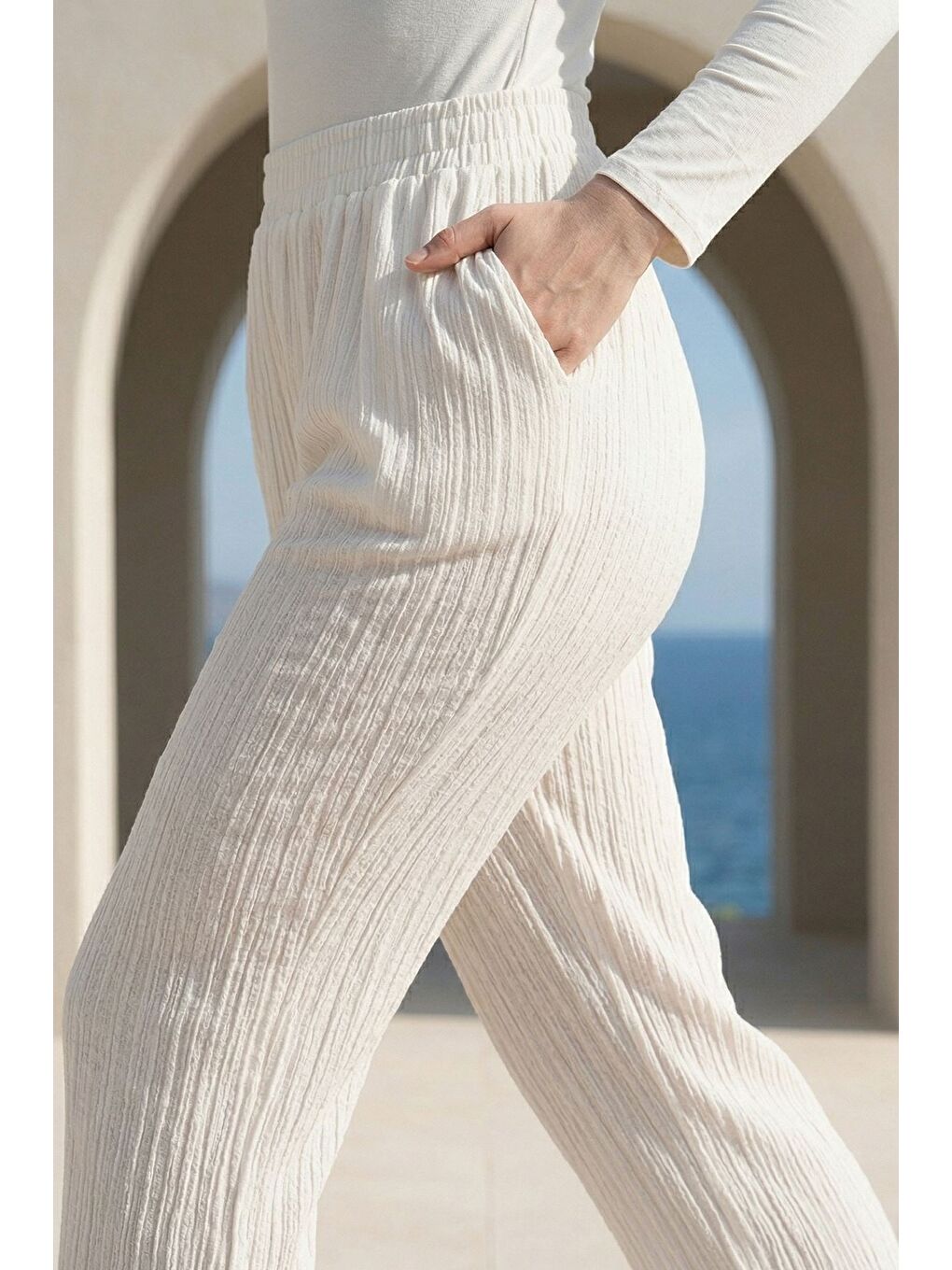 Ekru Kadın Bel Lastikli Pantolon-1