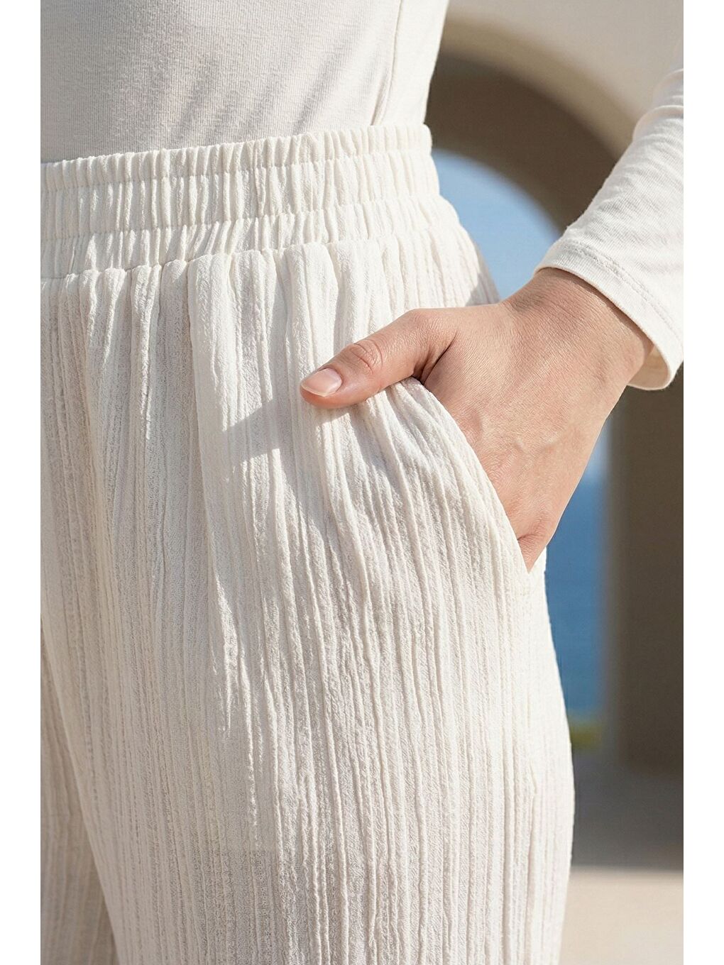 Ekru Kadın Bel Lastikli Pantolon-2