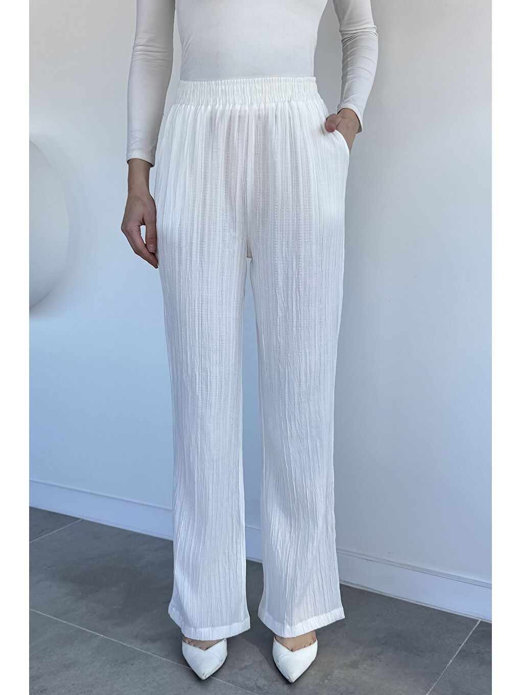 Ekru Kadın Bel Lastikli Pantolon-3