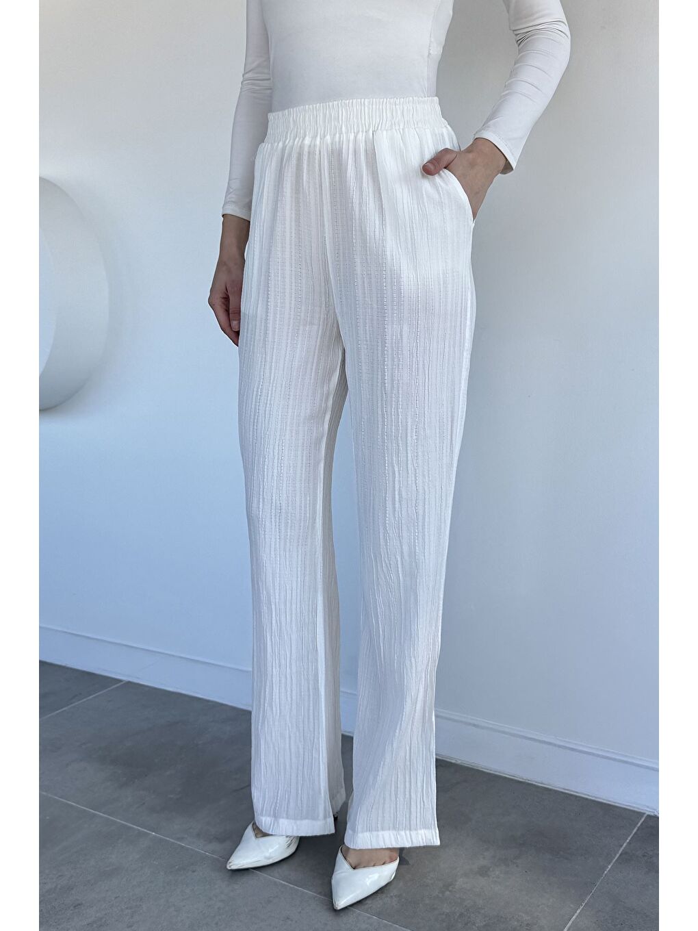 Ekru Kadın Bel Lastikli Pantolon-4