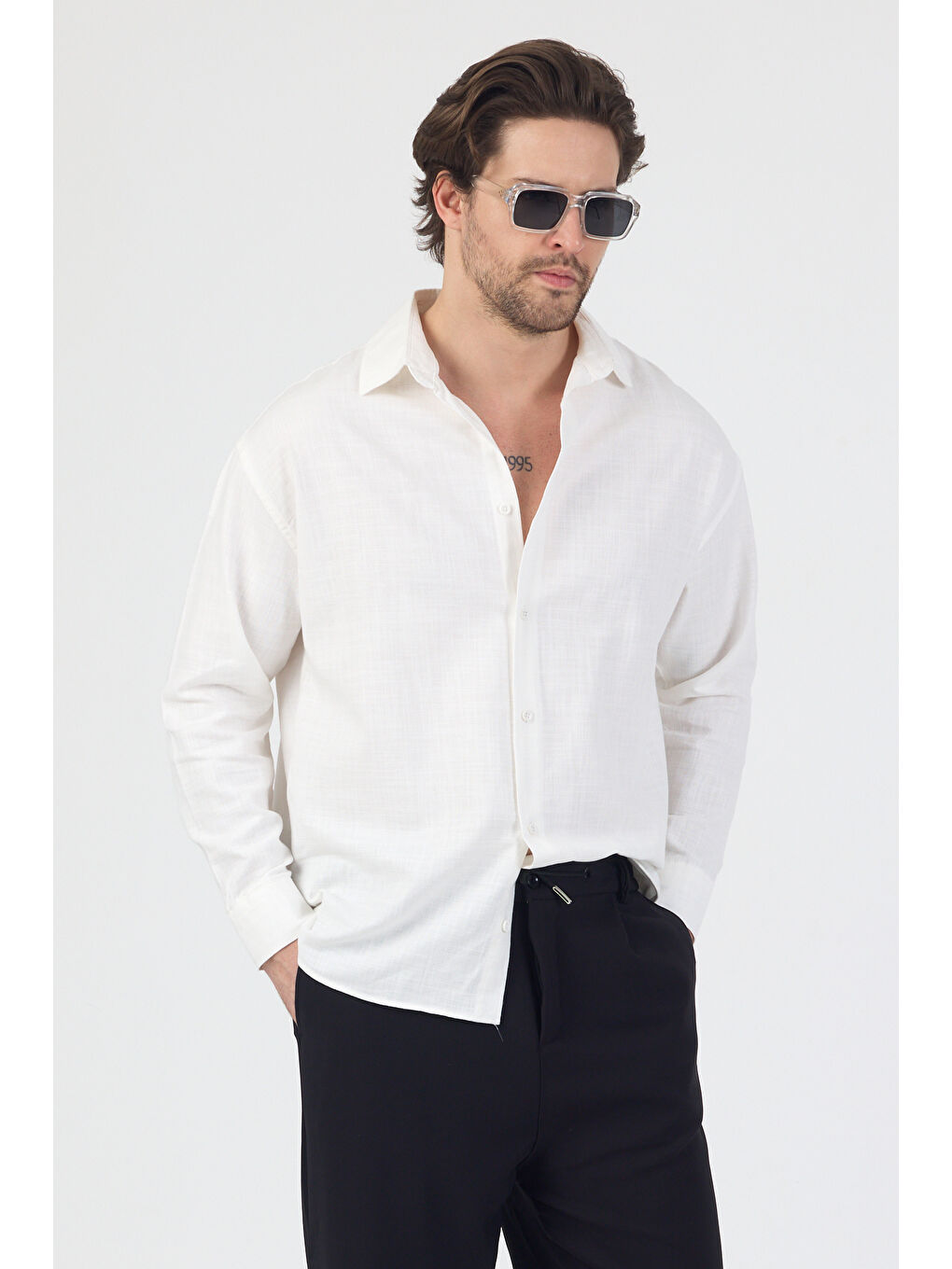 Erkek Pamuklu Keten Görünümlü Gömlek Beyaz-4