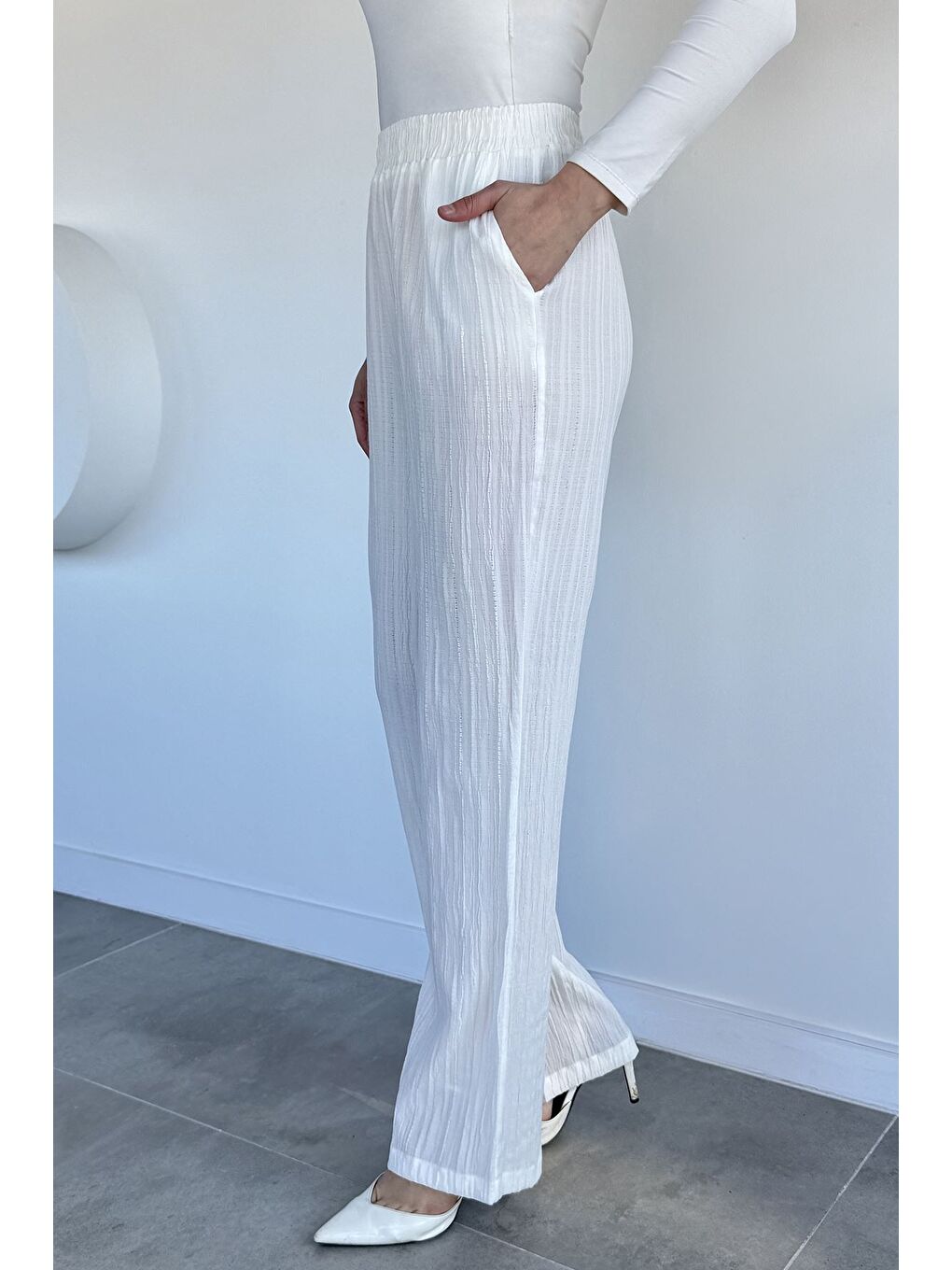 Ekru Kadın Bel Lastikli Pantolon-5