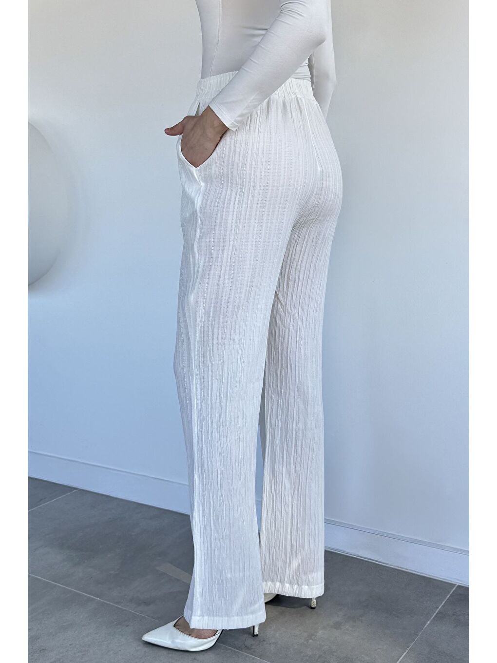 Ekru Kadın Bel Lastikli Pantolon-6