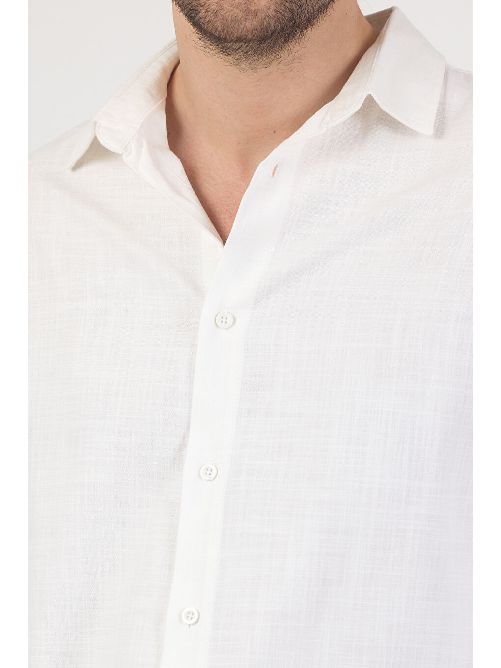 Erkek Pamuklu Keten Görünümlü Gömlek Beyaz-5