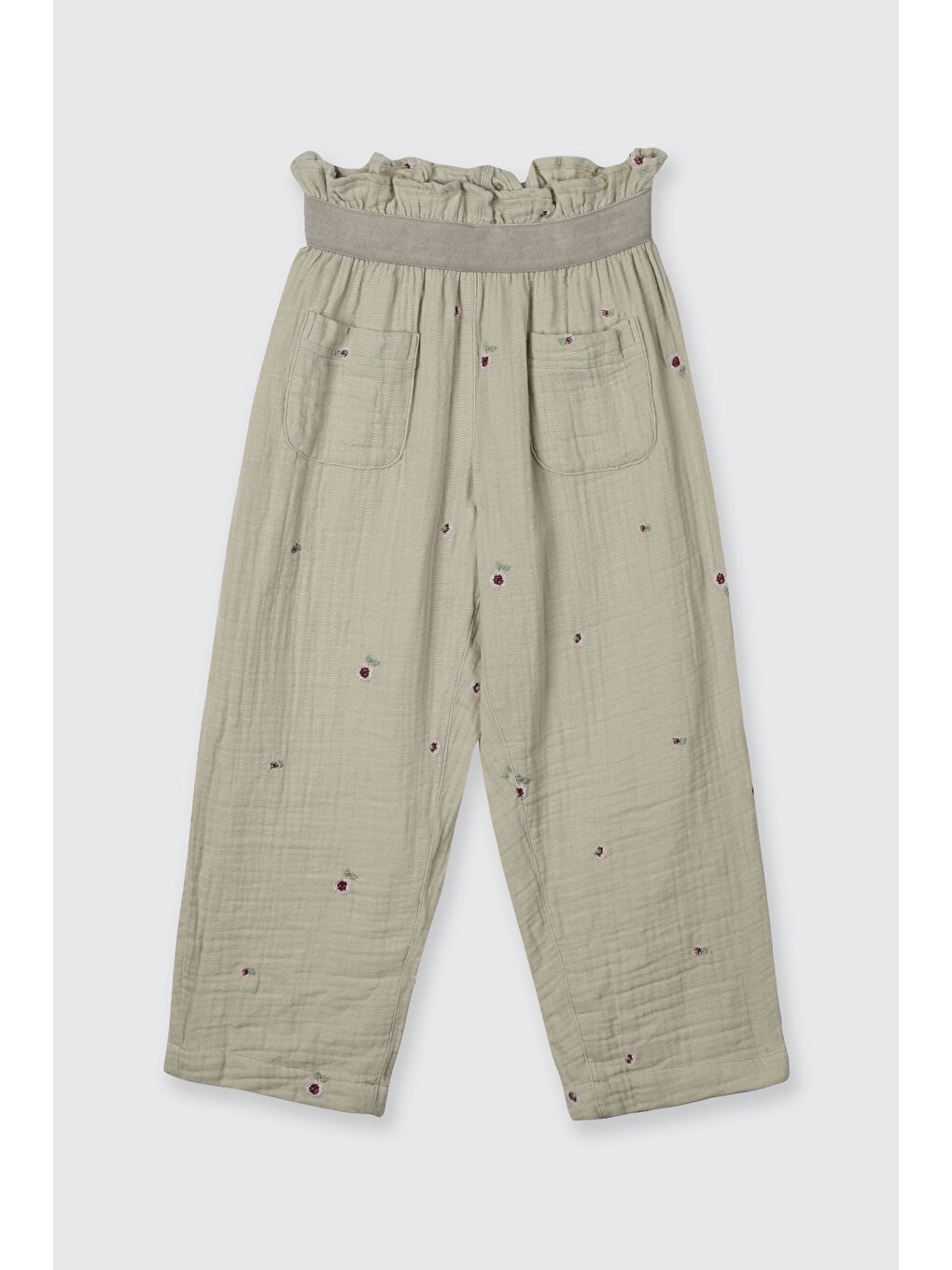 Kız Çocuk Çiçek Desenli Müslin Pantolon Yeşil-1