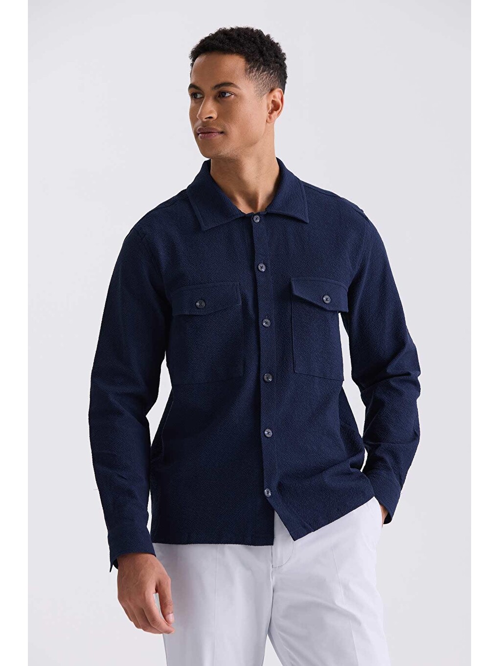 Lacivert Slim Fit Cepli Spor Gömlek