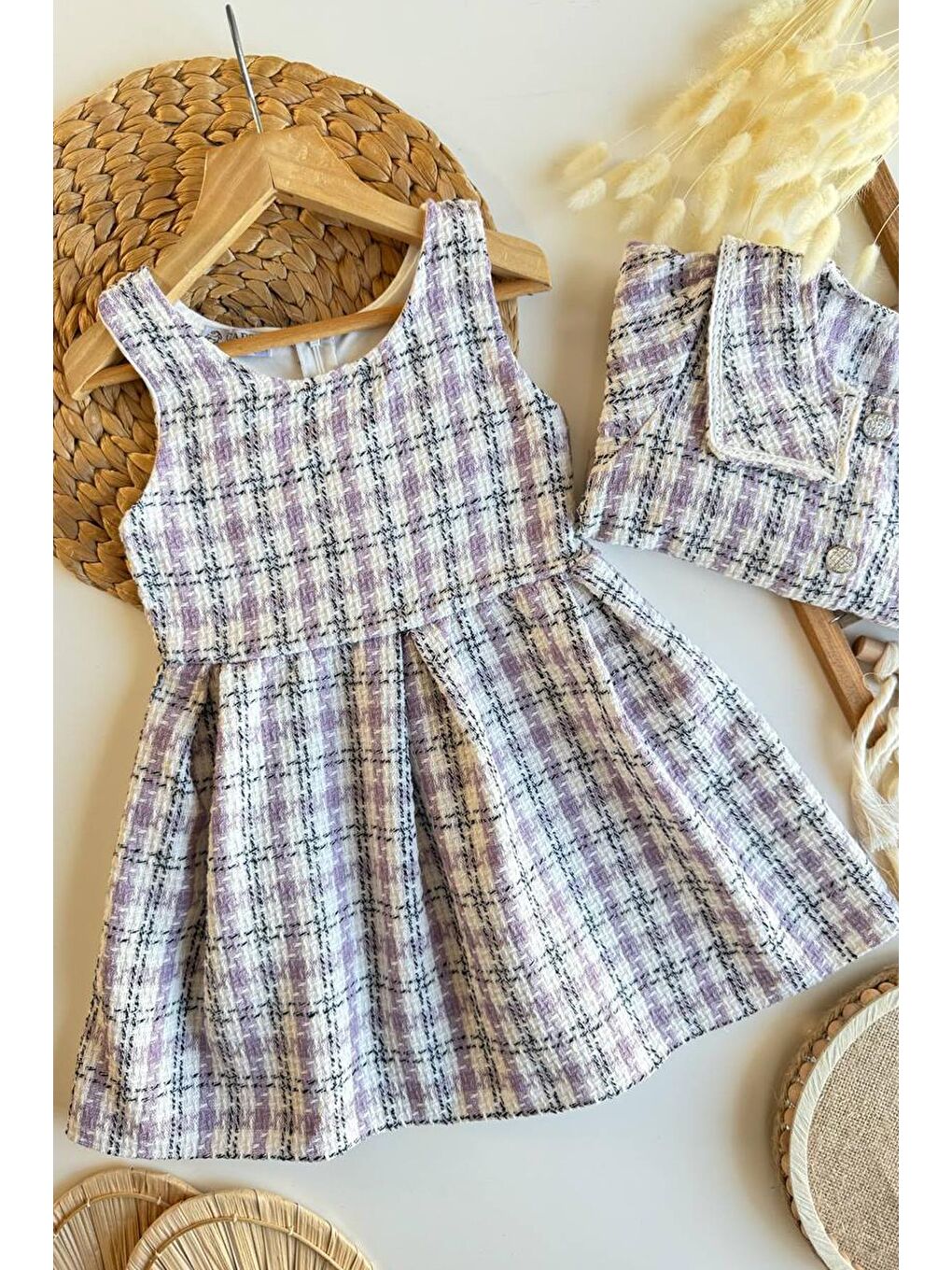 Lila Kız Çocuk Tüvit Kumaş Elbise Ve Ceket 2'Li Takım