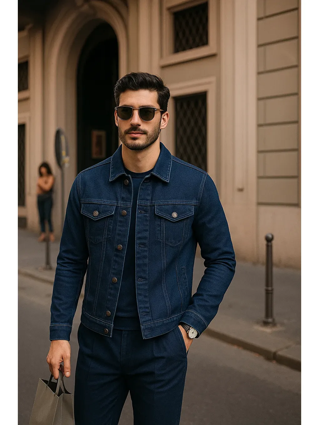 Erkek Günlük Mevsimlik Slim Fit Trend Lacivert Jean Ceket-1