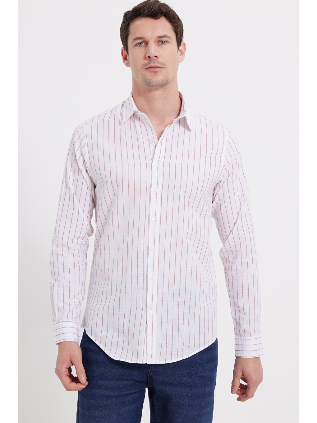 Beyaz Erkek Slim Fit Dar Kesim Uzun Kollu %100 Pamuk Keten Doku Çizgili Gömlek