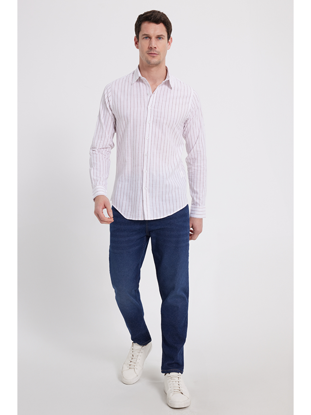 Beyaz Erkek Slim Fit Dar Kesim Uzun Kollu %100 Pamuk Keten Doku Çizgili Gömlek-1