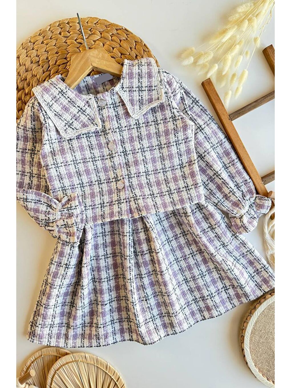 Lila Kız Çocuk Tüvit Kumaş Elbise Ve Ceket 2'Li Takım-1