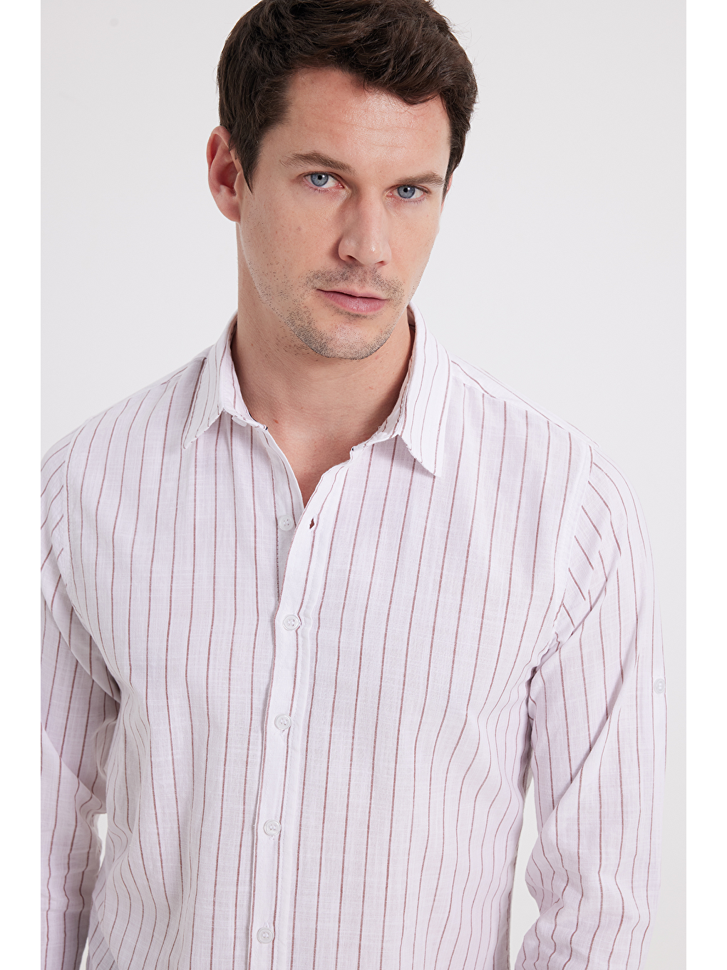 Beyaz Erkek Slim Fit Dar Kesim Uzun Kollu %100 Pamuk Keten Doku Çizgili Gömlek-2