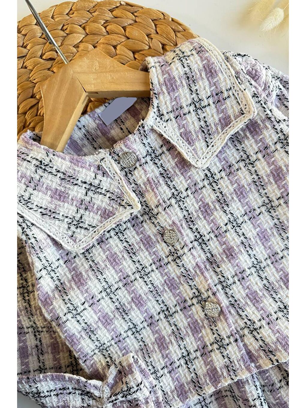 Lila Kız Çocuk Tüvit Kumaş Elbise Ve Ceket 2'Li Takım-3