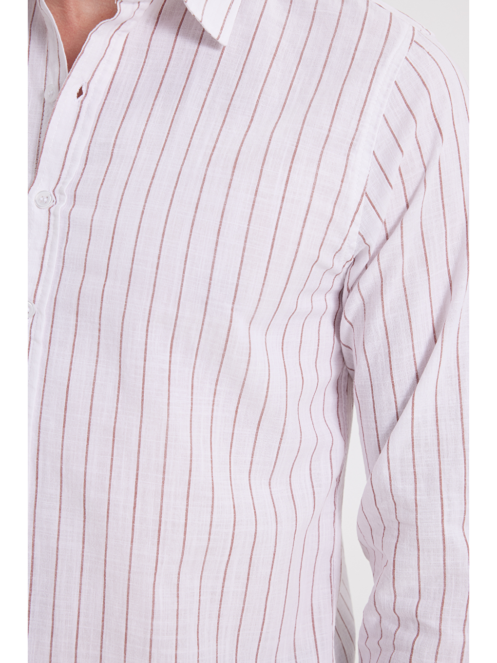 Beyaz Erkek Slim Fit Dar Kesim Uzun Kollu %100 Pamuk Keten Doku Çizgili Gömlek-3